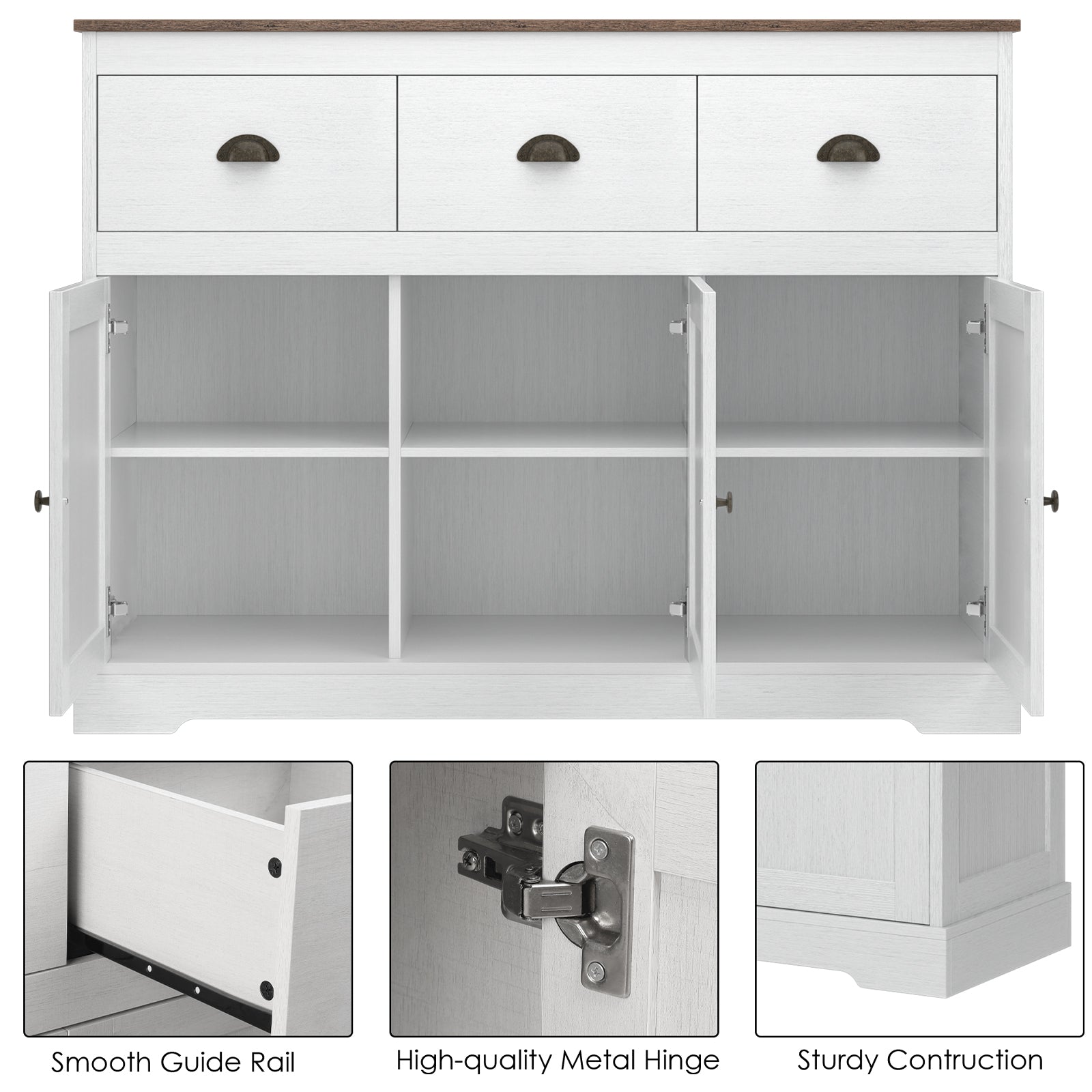 Hiphuta Sideboard Storage Cabinet with 3 Drawers & 3 Doors, 47.2 W Buffet Cabinet with Adjustable Shelves, OFF-White