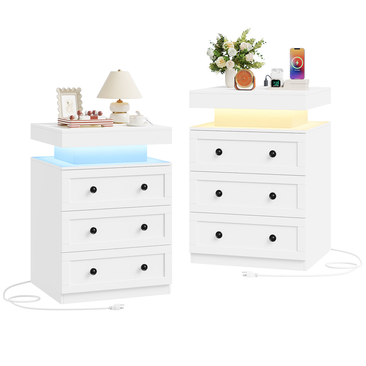 Hiphuta Set of 2 Nightstands with RGB LED and Charging Station for Bedroom, Sofa Tables with 3 Drawers for Living Room, Modern Beside Tables with Storage, White