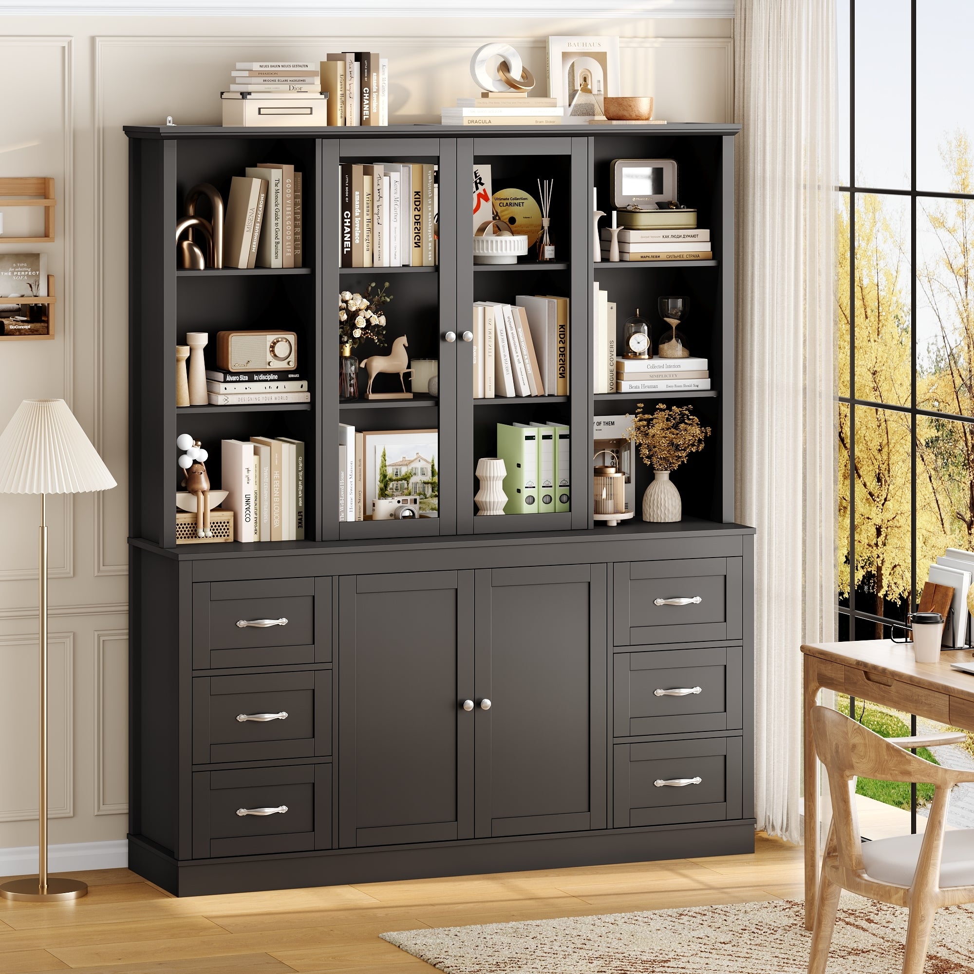 Hiphuta Kitchen Pantry Cabinet with Glass Door, 74" Tall Large Bookcase with drawer and Door, Large Storage Cabinet for Kitchen, Dining Room, Office, Black