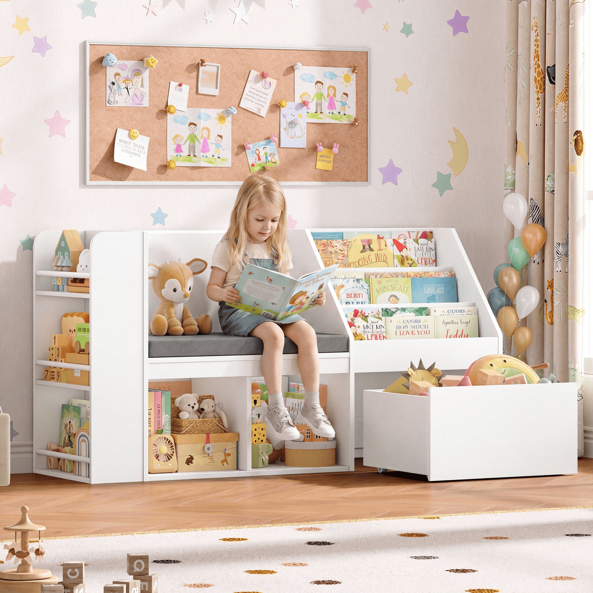 Hiphuta 49"W Kids Bookcase with Reading Nook & Side Storage, Toy Storage Organizer with Book Rack & Drawer for Kids Room