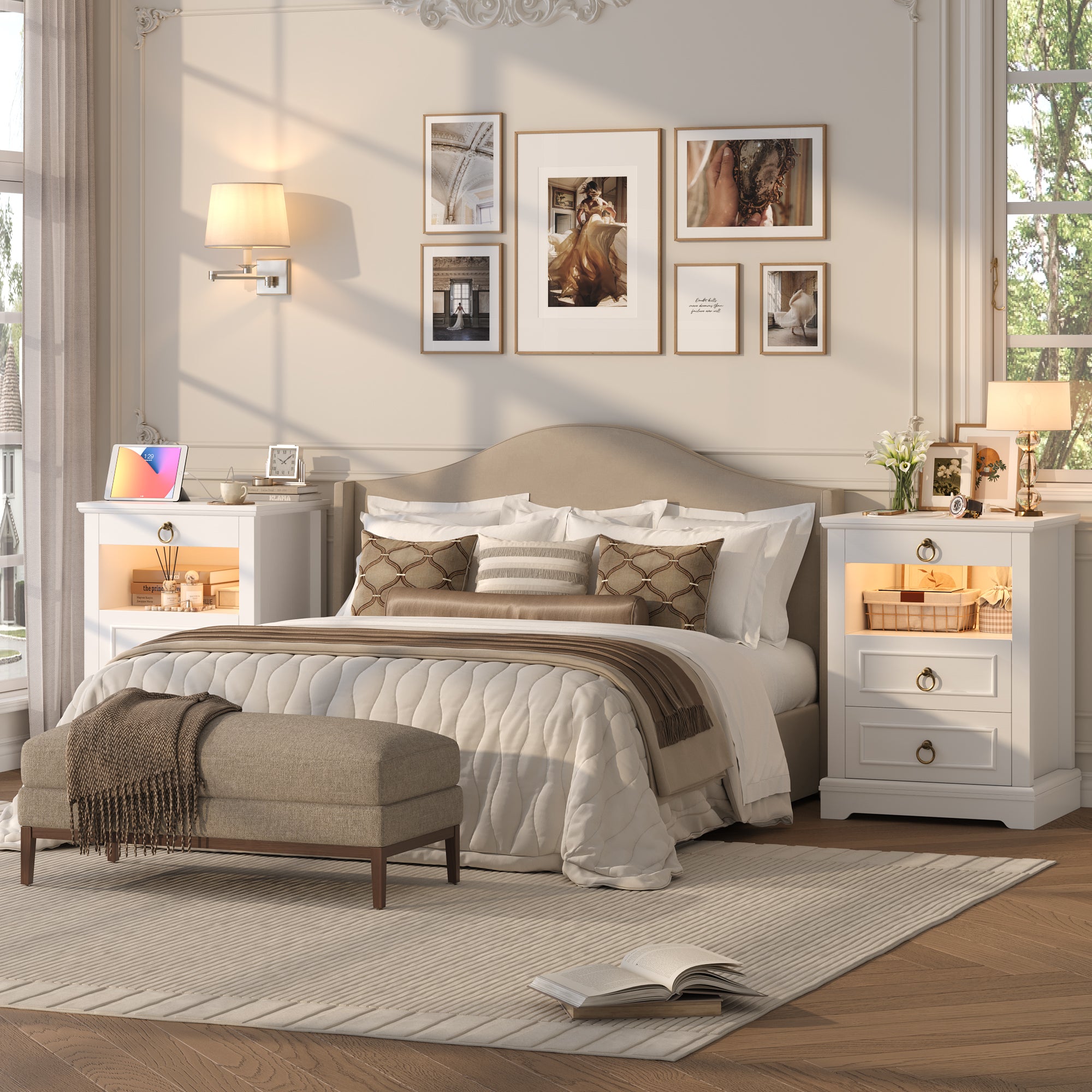 Hiphuta 3 Drawers Nightstand with 2 Outlets & 2 USB Port, Wooden Nightstand for Bedroom, White