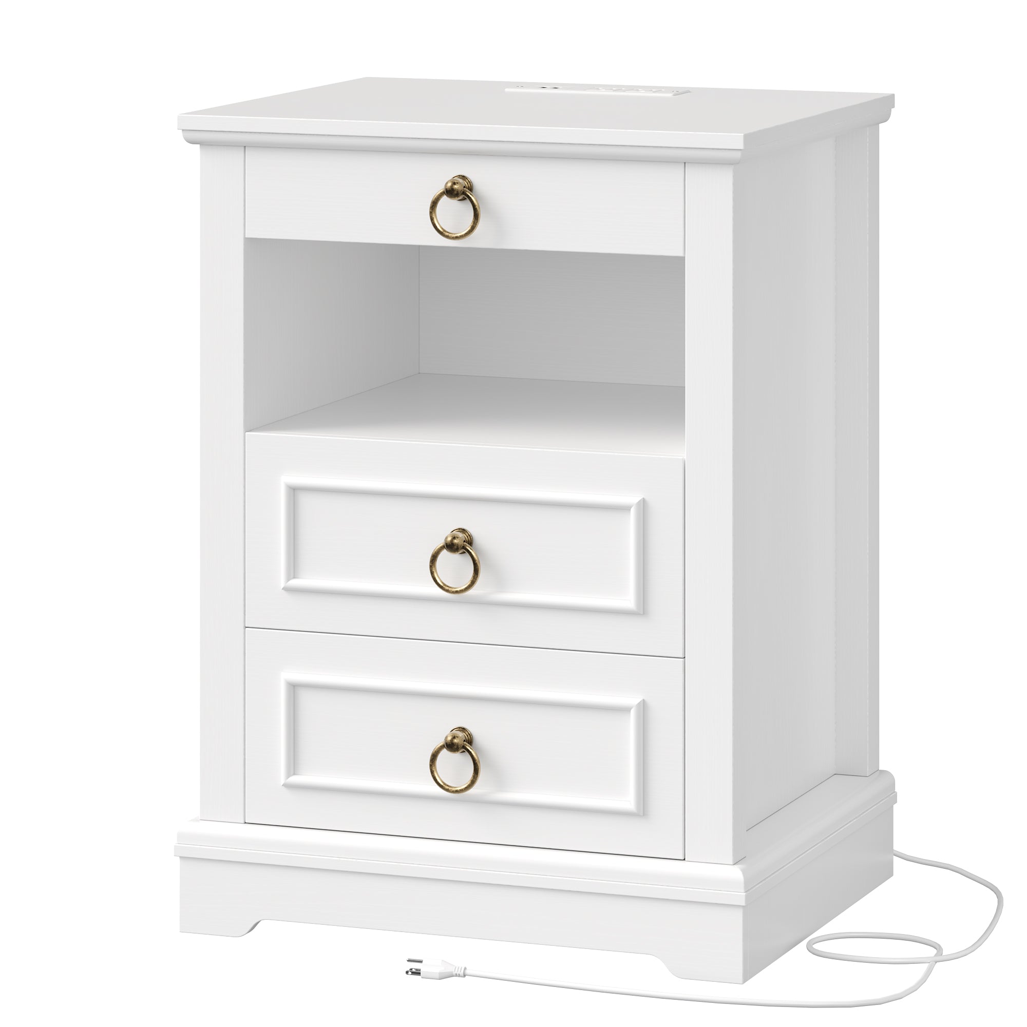 Hiphuta 3 Drawers Nightstand with 2 Outlets & 2 USB Port, Wooden Nightstand for Bedroom, White