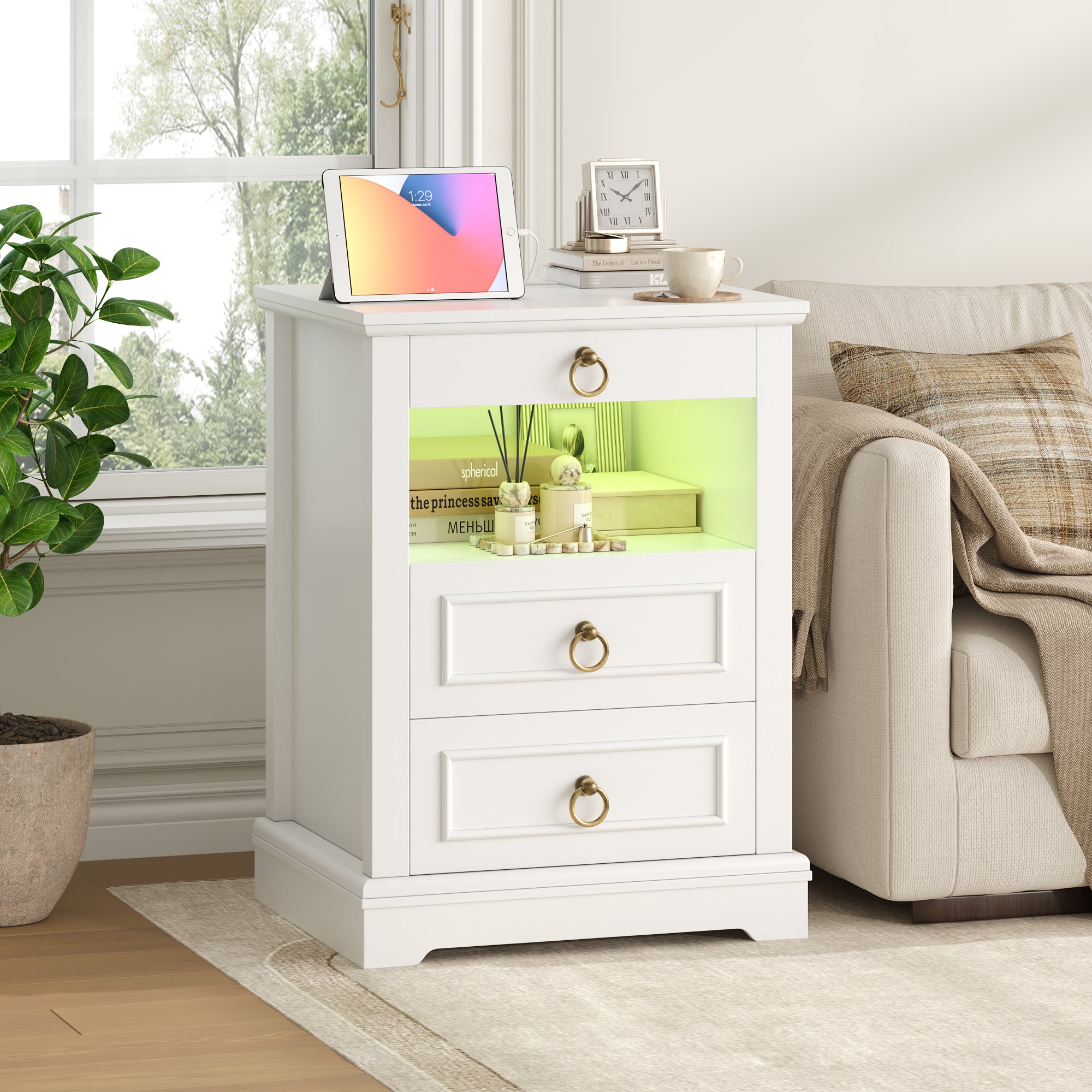 Hiphuta 3 Drawers Nightstand with 2 Outlets & 2 USB Port, Wooden Nightstand for Bedroom, White