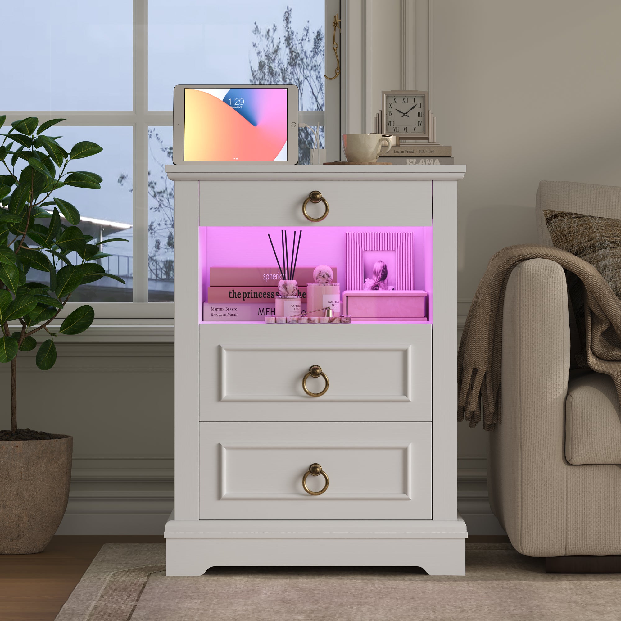 Hiphuta 3 Drawers Nightstand with 2 Outlets & 2 USB Port, Wooden Nightstand for Bedroom, White
