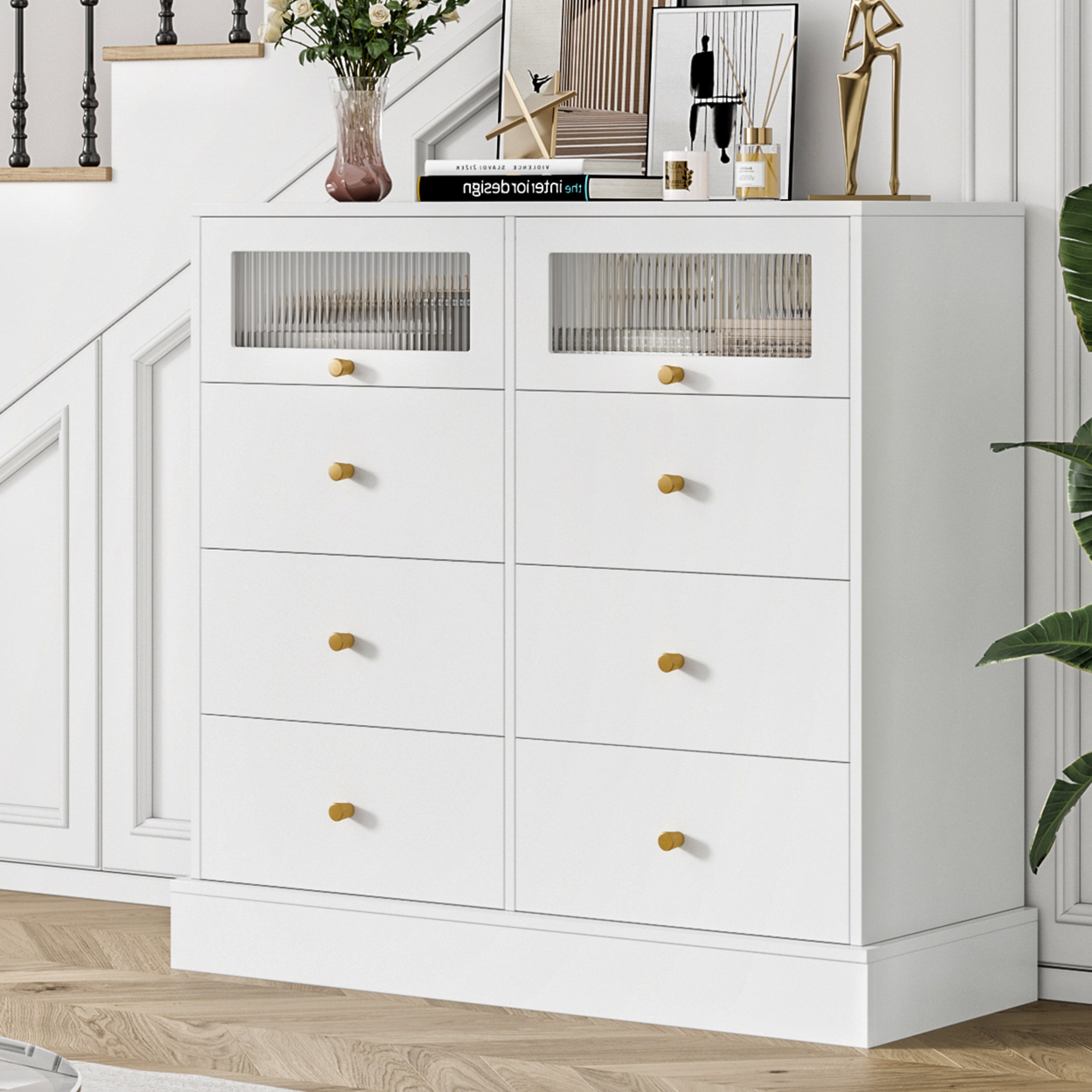 Hiphuta 6 Drawer Double Dressers, Wood Chest of Drawers, Storage Cabinet with 2 Glass Doors, White for Adult