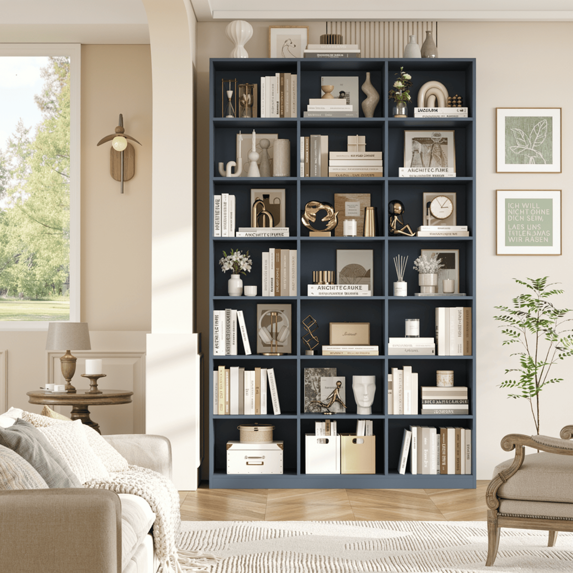 Hiphuta 86"H x 47"W Wood Triple 7-Tier Standard Bookcase, Tall Bookcase for Bedroom, Living Room and Office, Freestanding 21 Cubes Display Storage Shelves, Blue