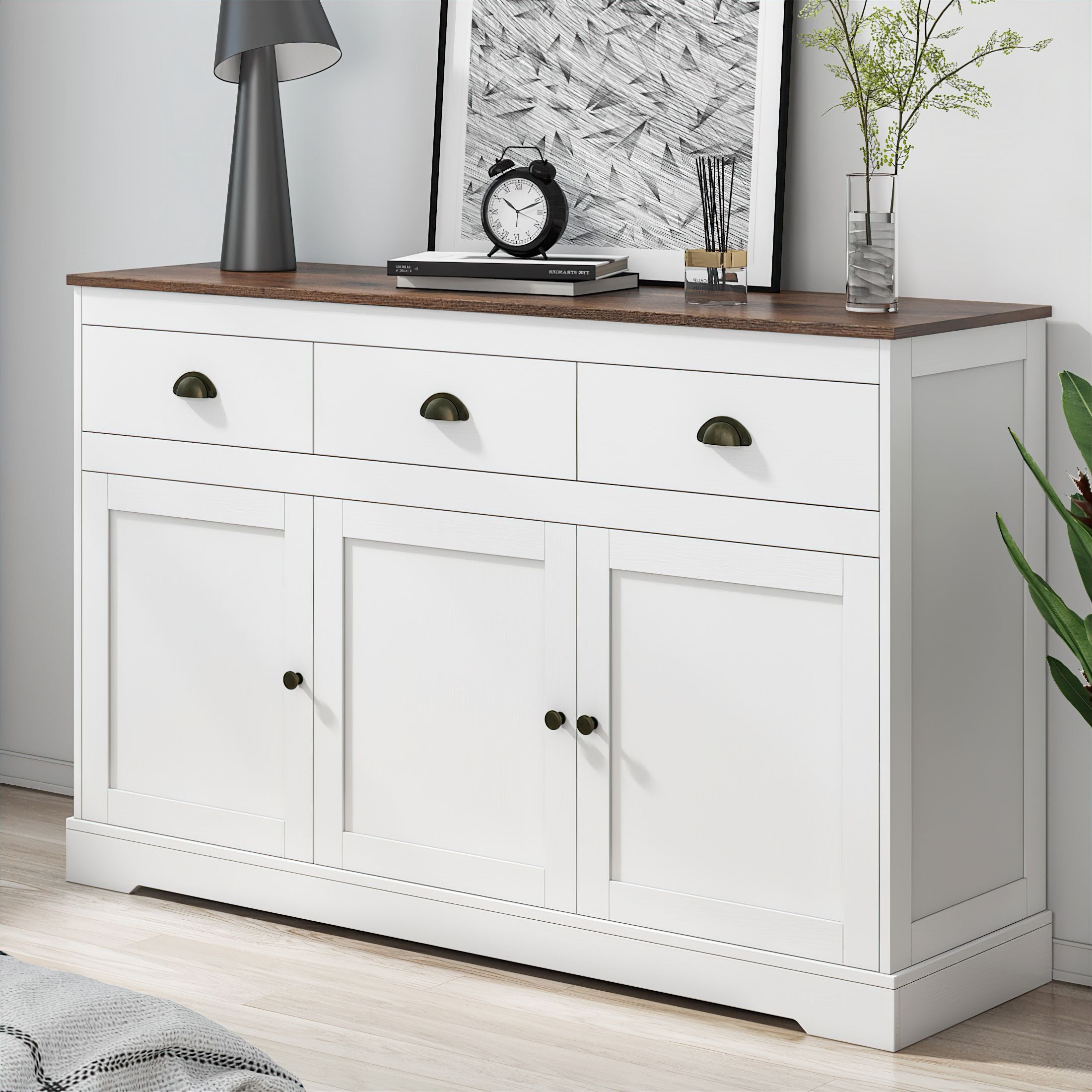 Hiphuta Sideboard Storage Cabinet with 3 Drawers & 3 Doors, 53.54"W Buffet Cabinet with Adjustable Shelves, White