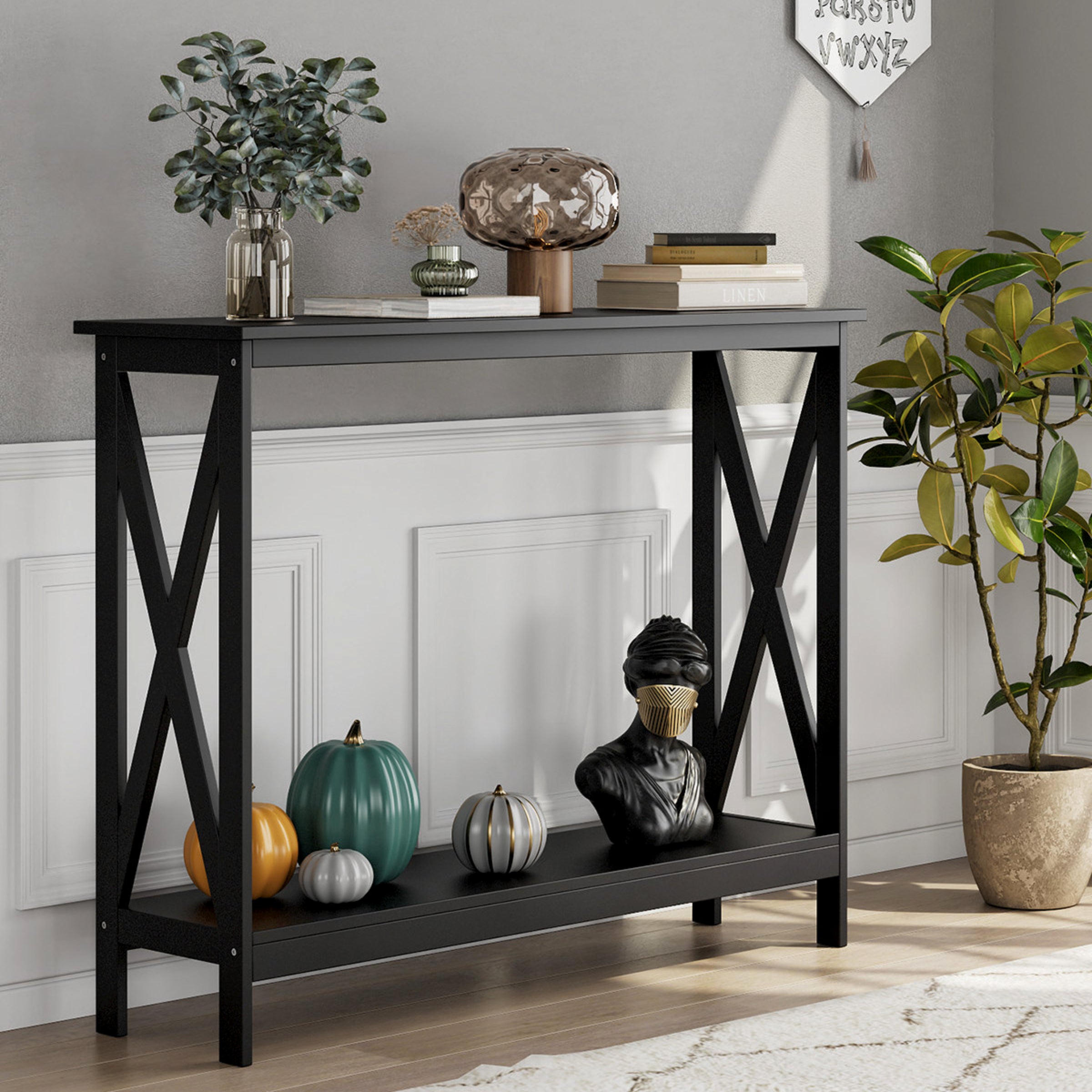 Hiphuta 39.4"W Console Table with X- Wooden Frame, Entryway Table, Long Tabletop, 2-Tier Sofa Side Table, Black