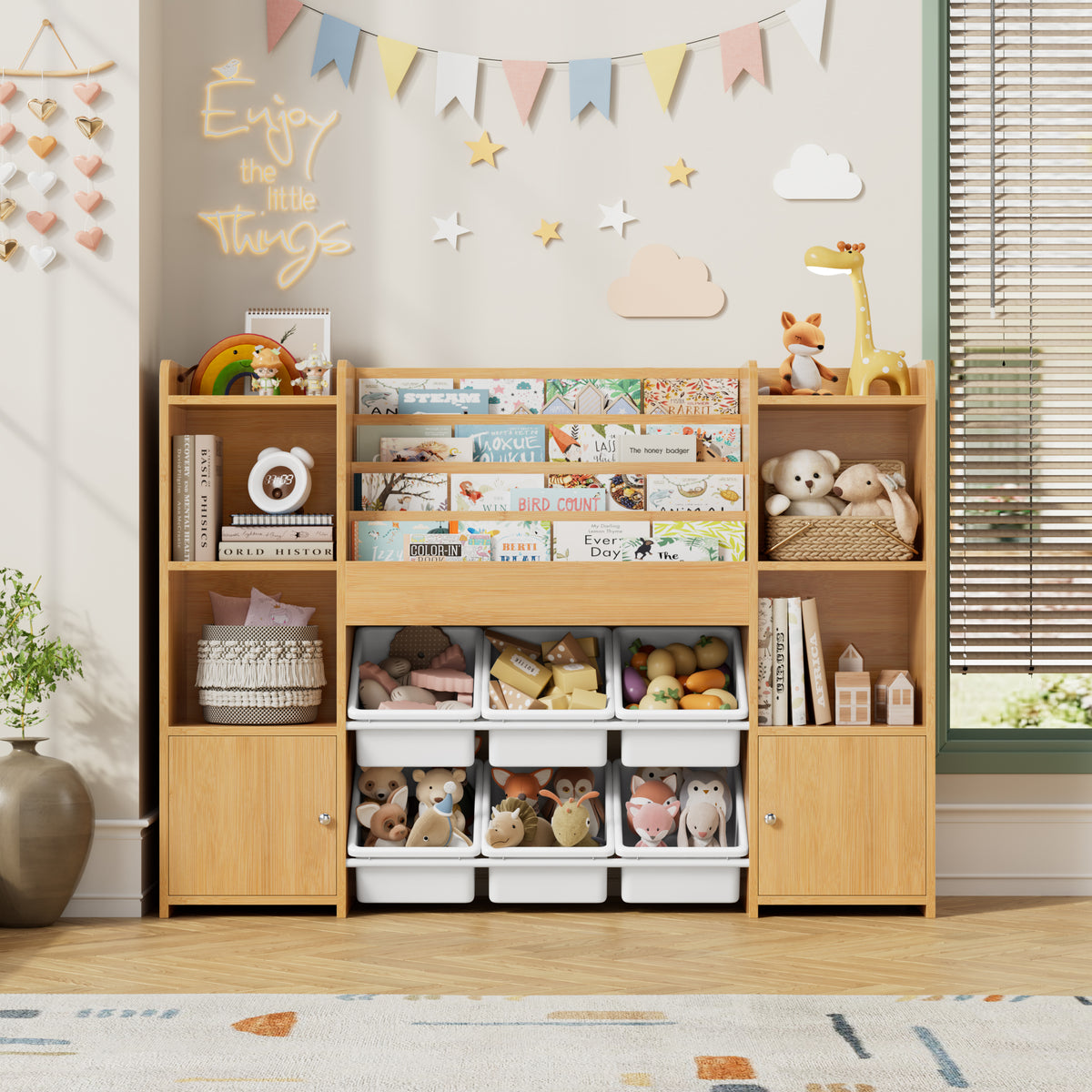 Hiphuta Kids Bookshelf with Toy Storage Organizer, Wood Bookcase Toy Organizer with 6 Removable Bins, Book Shelf for Kids Bedroom Playroom, Natural