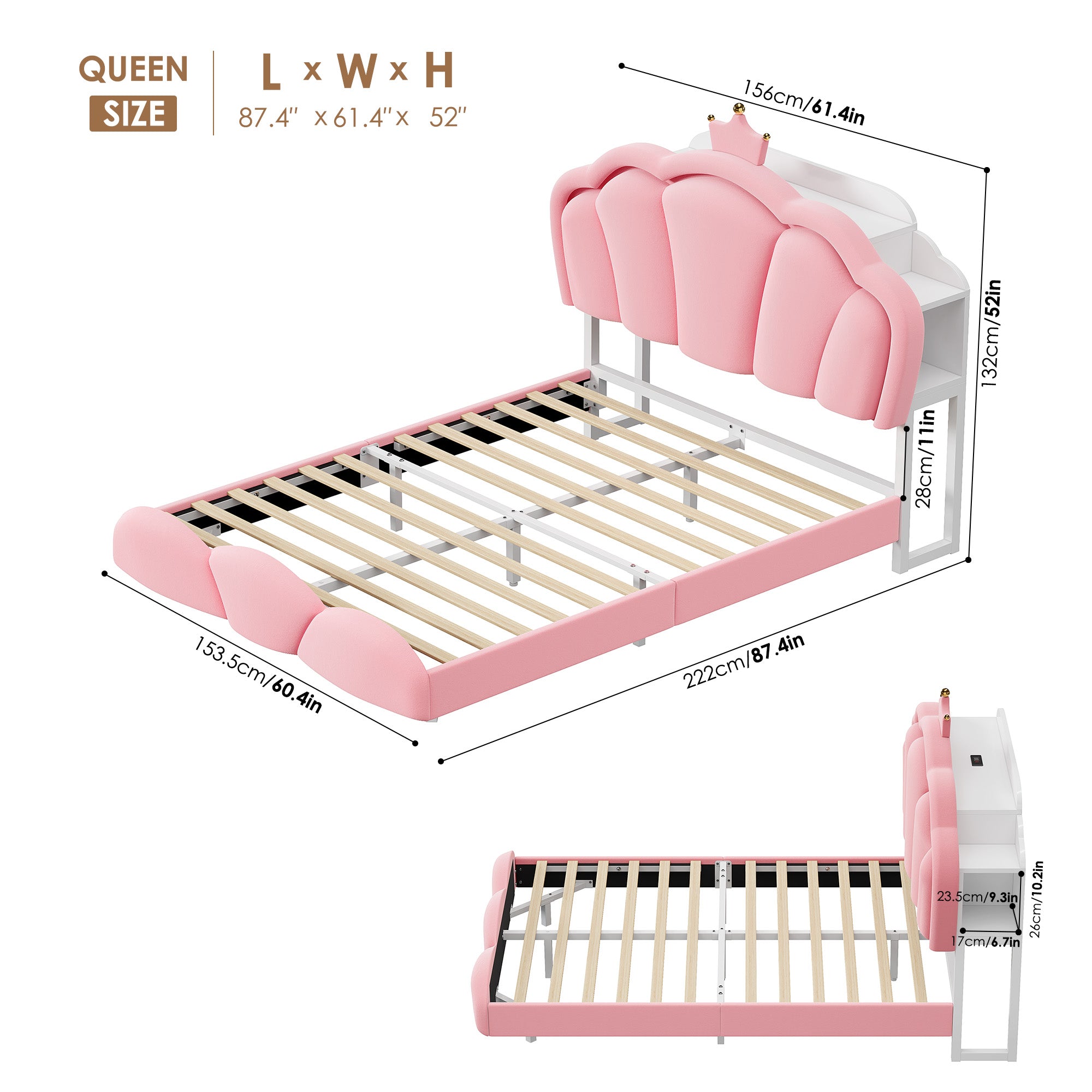 Hiphuta Queen Floating Bed Frame with Crown Storage Headboard, Velvet Upholstered Platform Bed with LED Lights & Charging Station, No Box Spring Needed, Pink