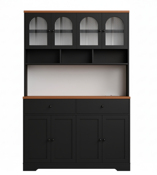 Hiphuta Pantry Cabinet with Glass Doors, Kitchen Storage Cabinet with Charging Station for Kitchen Dining Room, Black