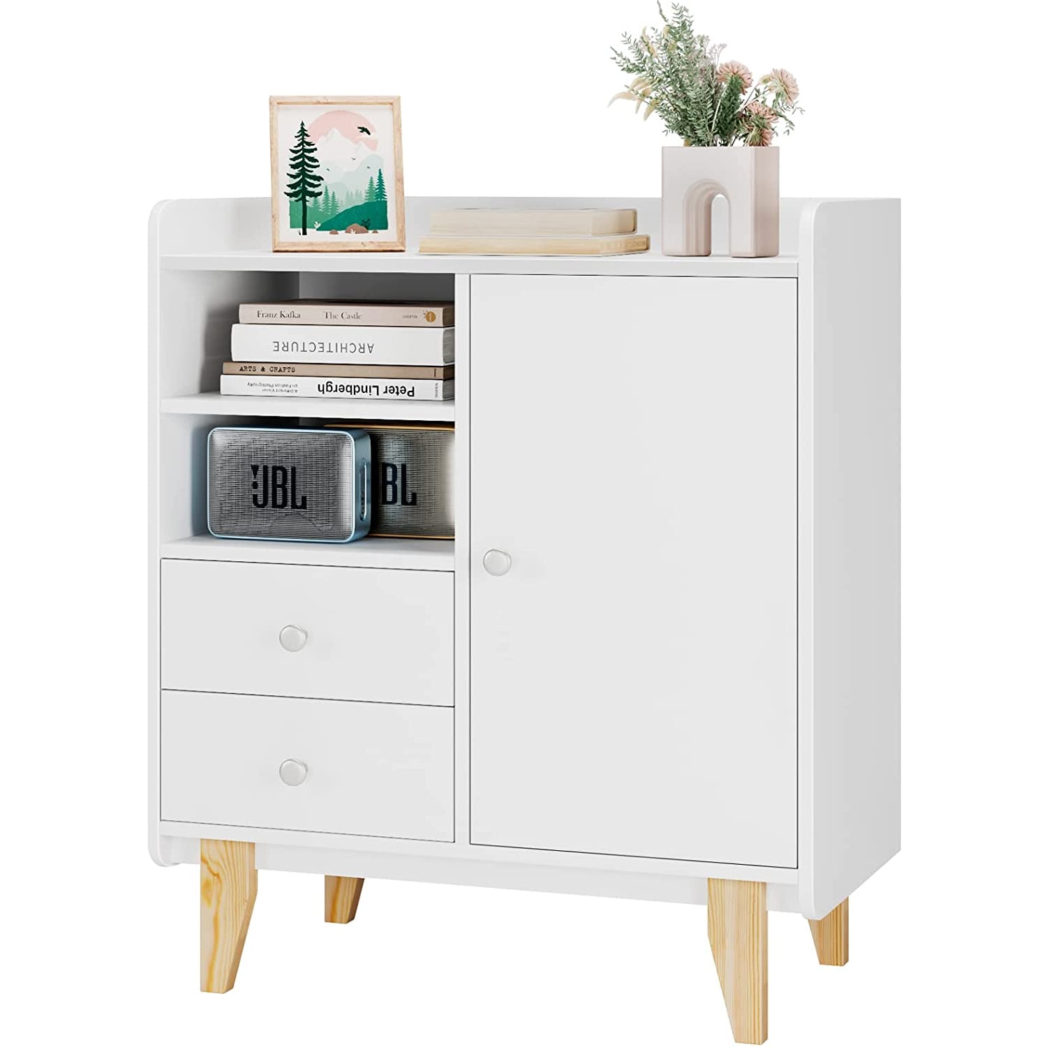 Hiphuta 2 Drawer File Cabinet, Modern Printer Stand and Open Storage Shelves for Home Office, White