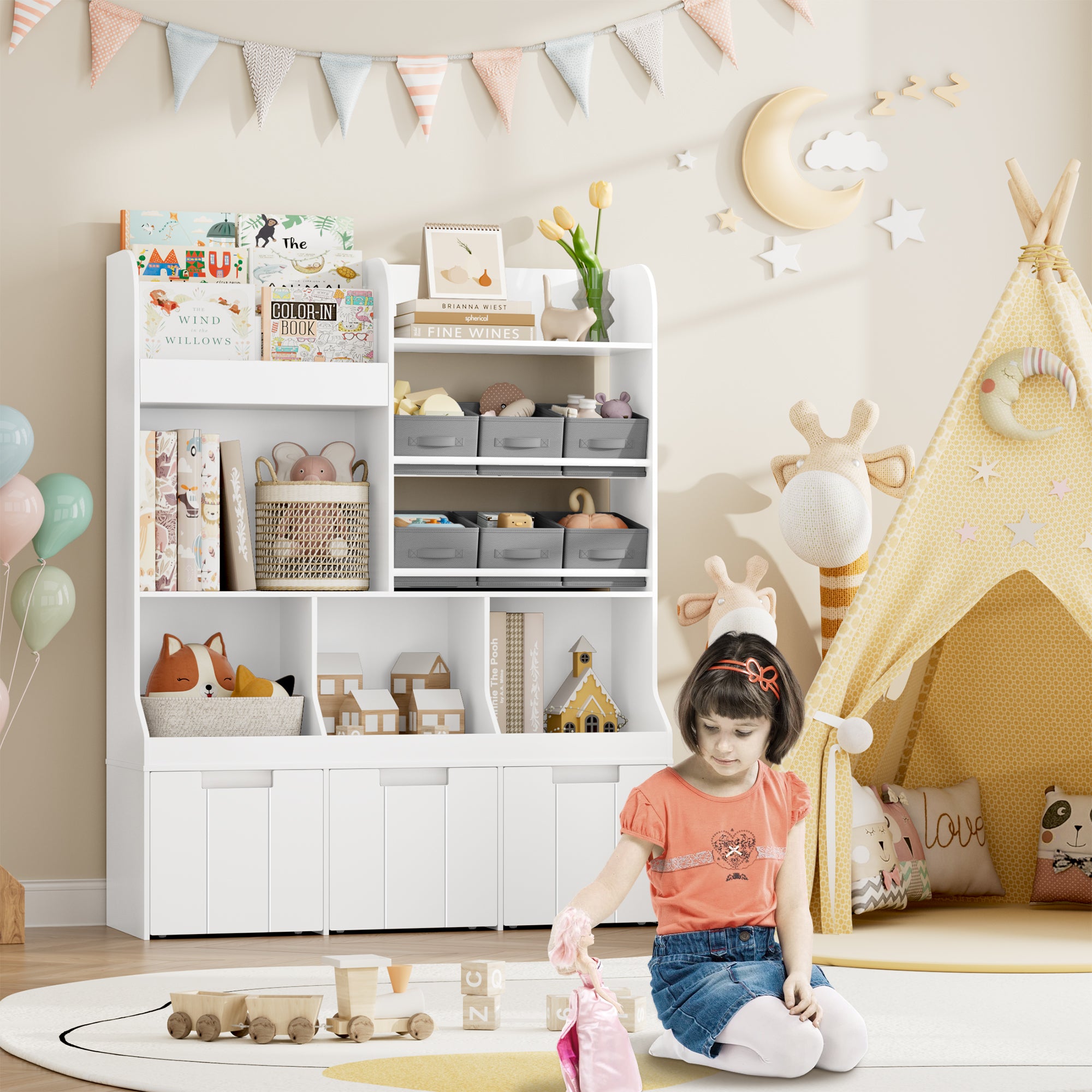 Hiphuta Kids Bookcase with Toy Storage Organizer with 6 Fabric Drawers for Kids Room, White