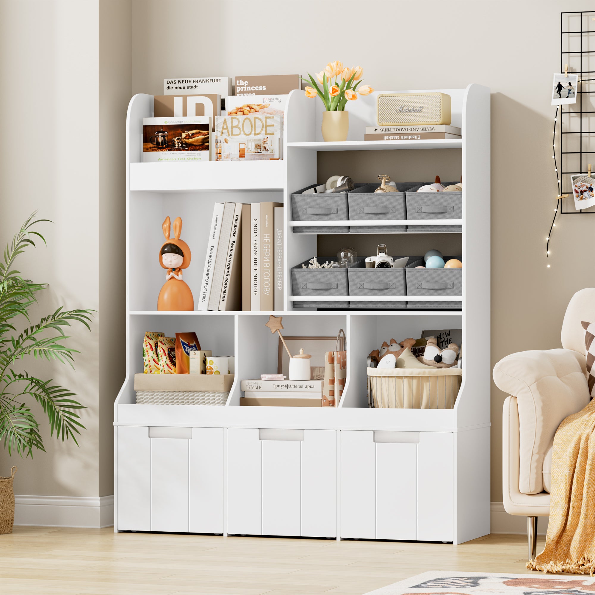 Hiphuta Kids Bookcase with Toy Storage Organizer with 6 Fabric Drawers for Kids Room, White