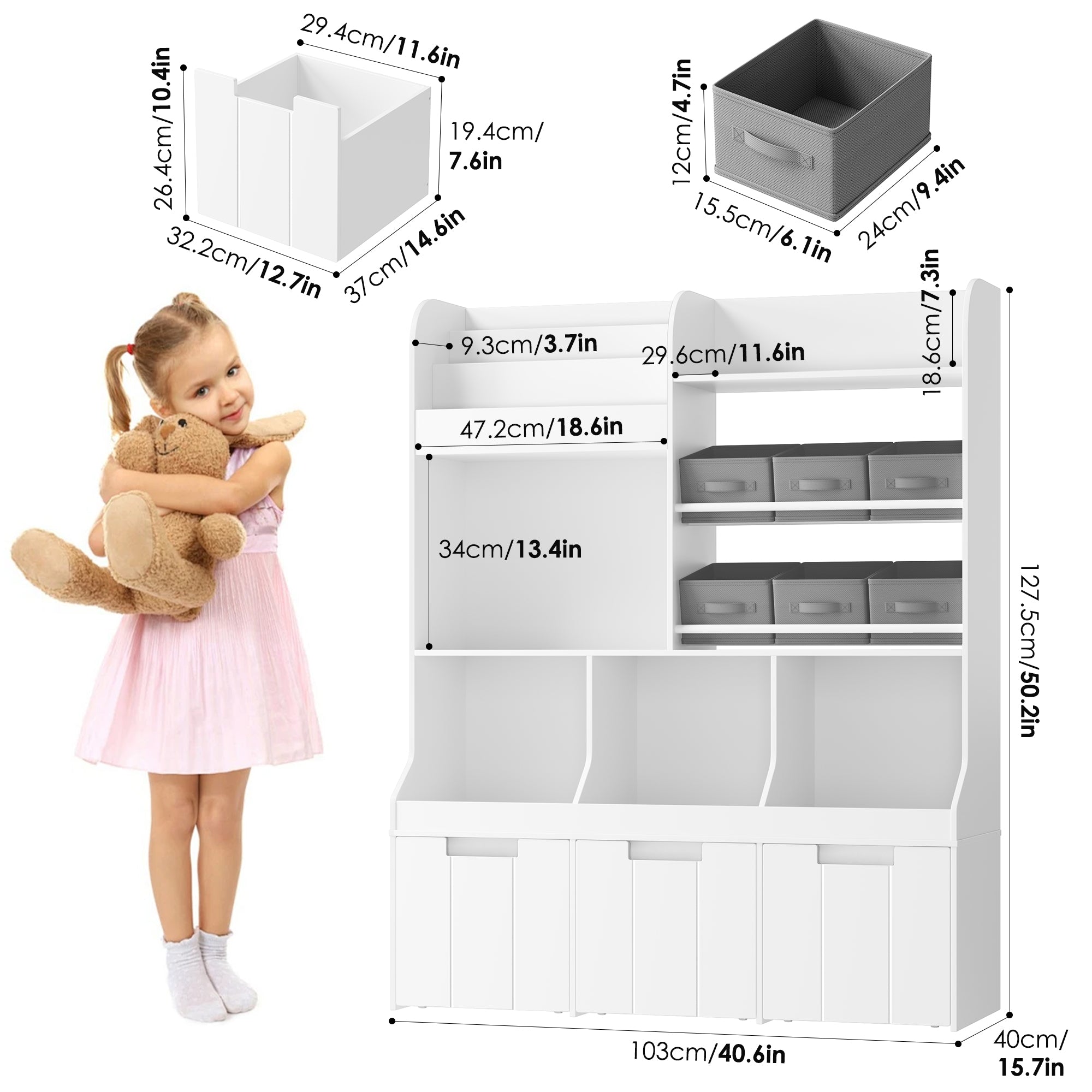 Hiphuta Kids Bookcase with Toy Storage Organizer with 6 Fabric Drawers for Kids Room, White