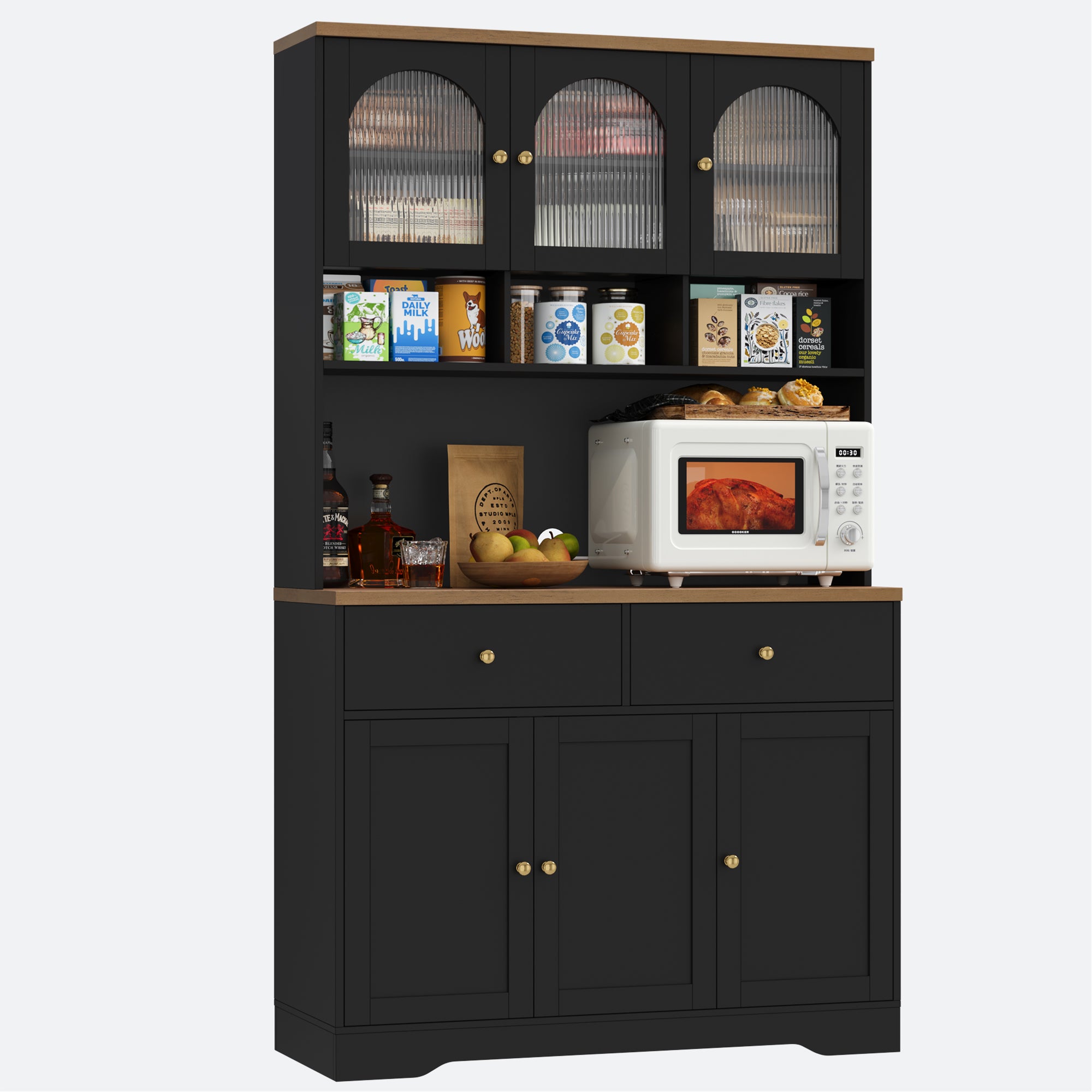 Hiphuta 71" Kitchen Pantry Cabinet, Tall Pantry Cabinet with Microwave Stand, Modern Freestanding Hutch with Storage Drawer for Dining Room, Black