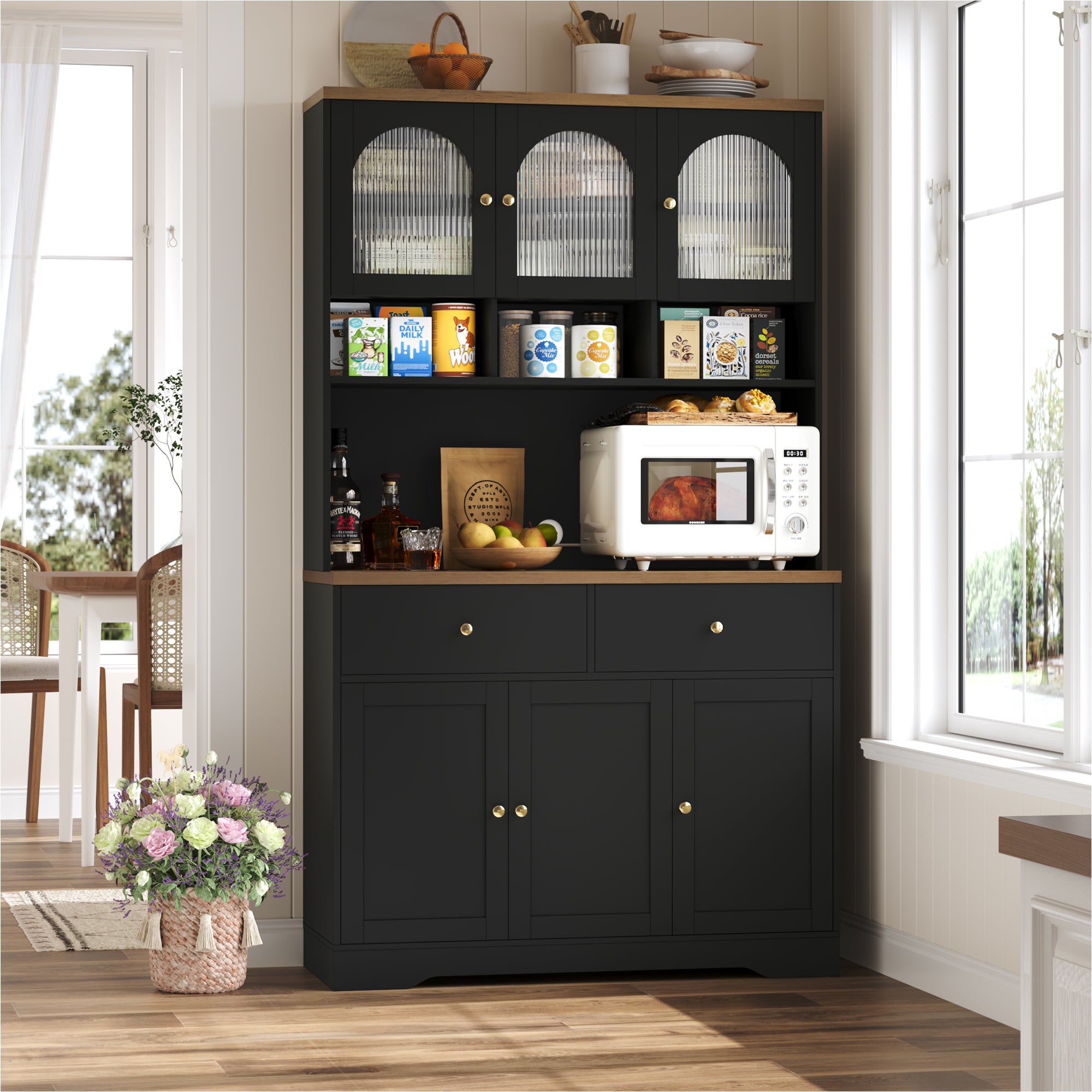 Hiphuta 71" Kitchen Pantry Cabinet, Tall Pantry Cabinet with Microwave Stand, Modern Freestanding Hutch with Storage Drawer for Dining Room, Black