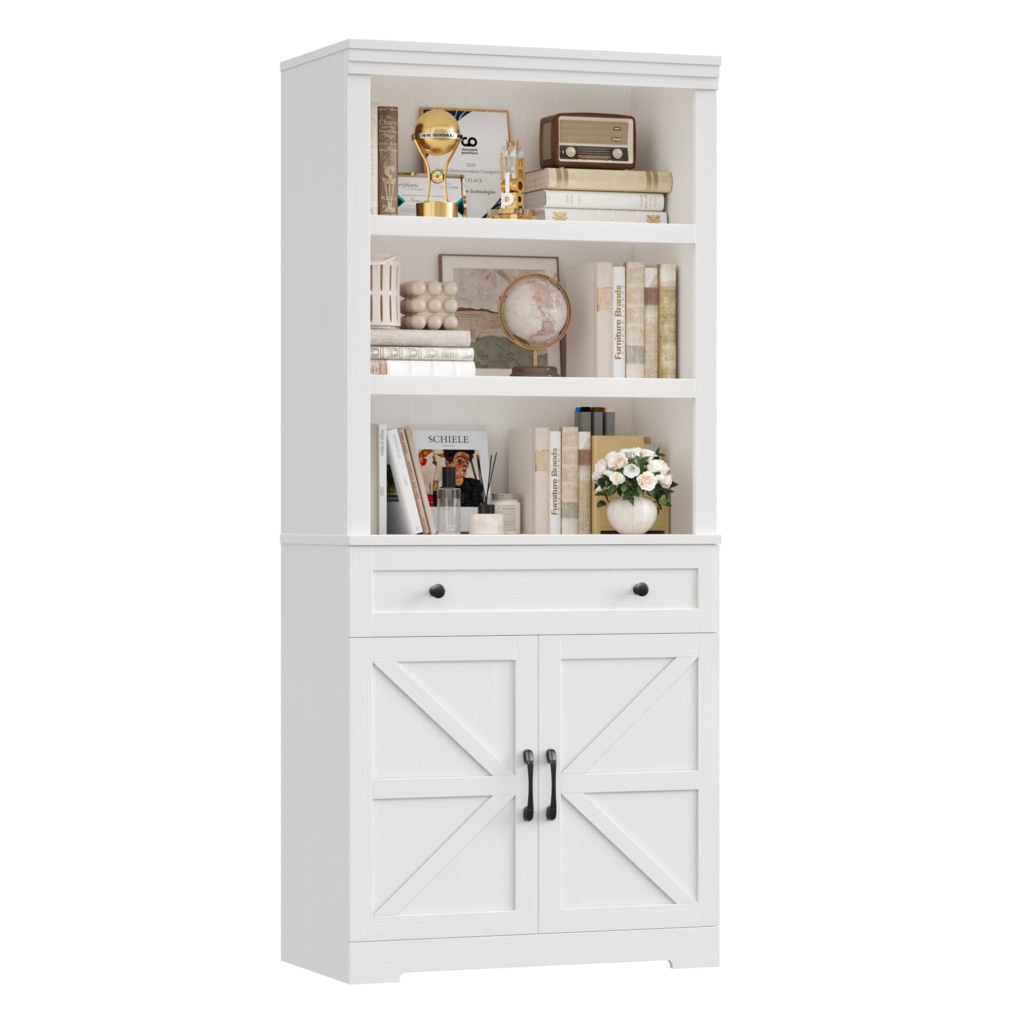 Hiphuta Bookcase with Doors, 71.6"Tall bookshelves with Storage, 5 Shelf Display Storgae Shelves, Bookshelves and Bookcases with 2 Doors for Home Office, Living Room, Bedroom, White
