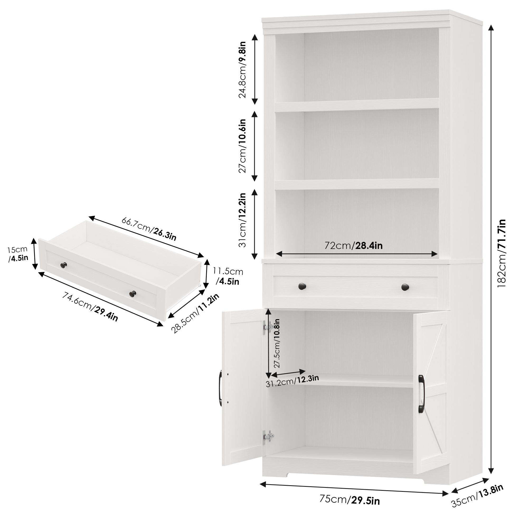 Hiphuta Bookcase with Doors, 71.6"Tall bookshelves with Storage, 5 Shelf Display Storgae Shelves, Bookshelves and Bookcases with 2 Doors for Home Office, Living Room, Bedroom, White
