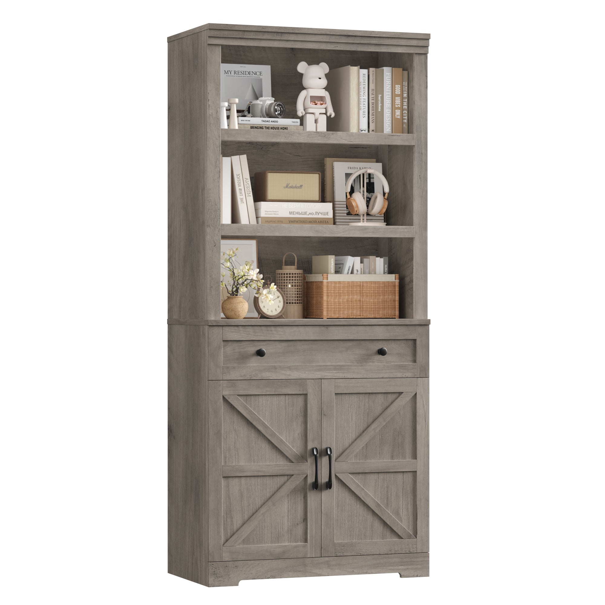 Hiphuta Bookcase with Doors, 71.6"Tall bookshelves with Storage, 5 Shelf Display Storgae Shelves, Bookshelves and Bookcases with 2 Doors for Home Office, Living Room, Bedroom, Ash Gray