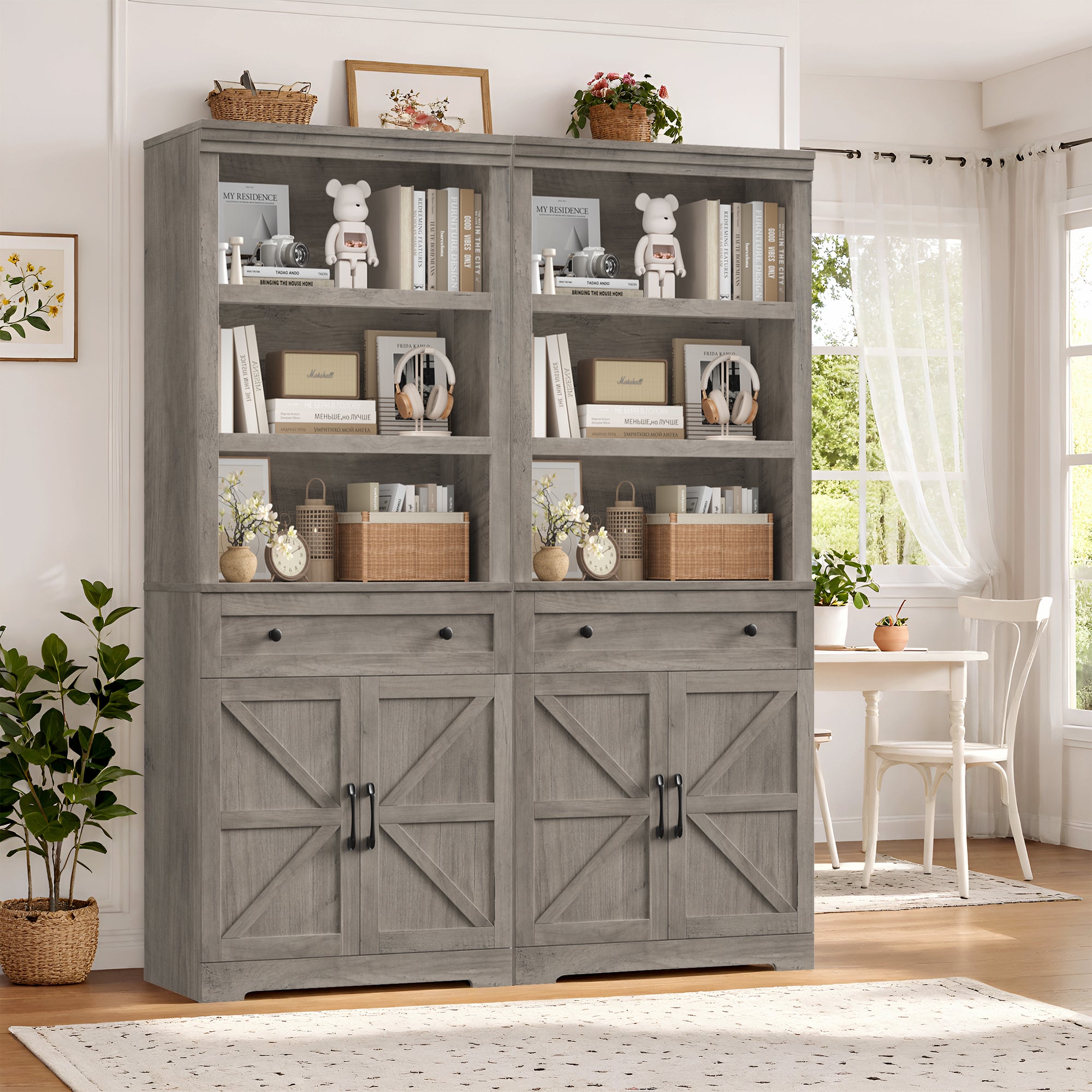 Hiphuta Bookcase with Doors, 71.6"Tall bookshelves with Storage, 5 Shelf Display Storgae Shelves, Bookshelves and Bookcases with 2 Doors for Home Office, Living Room, Bedroom, Ash Gray