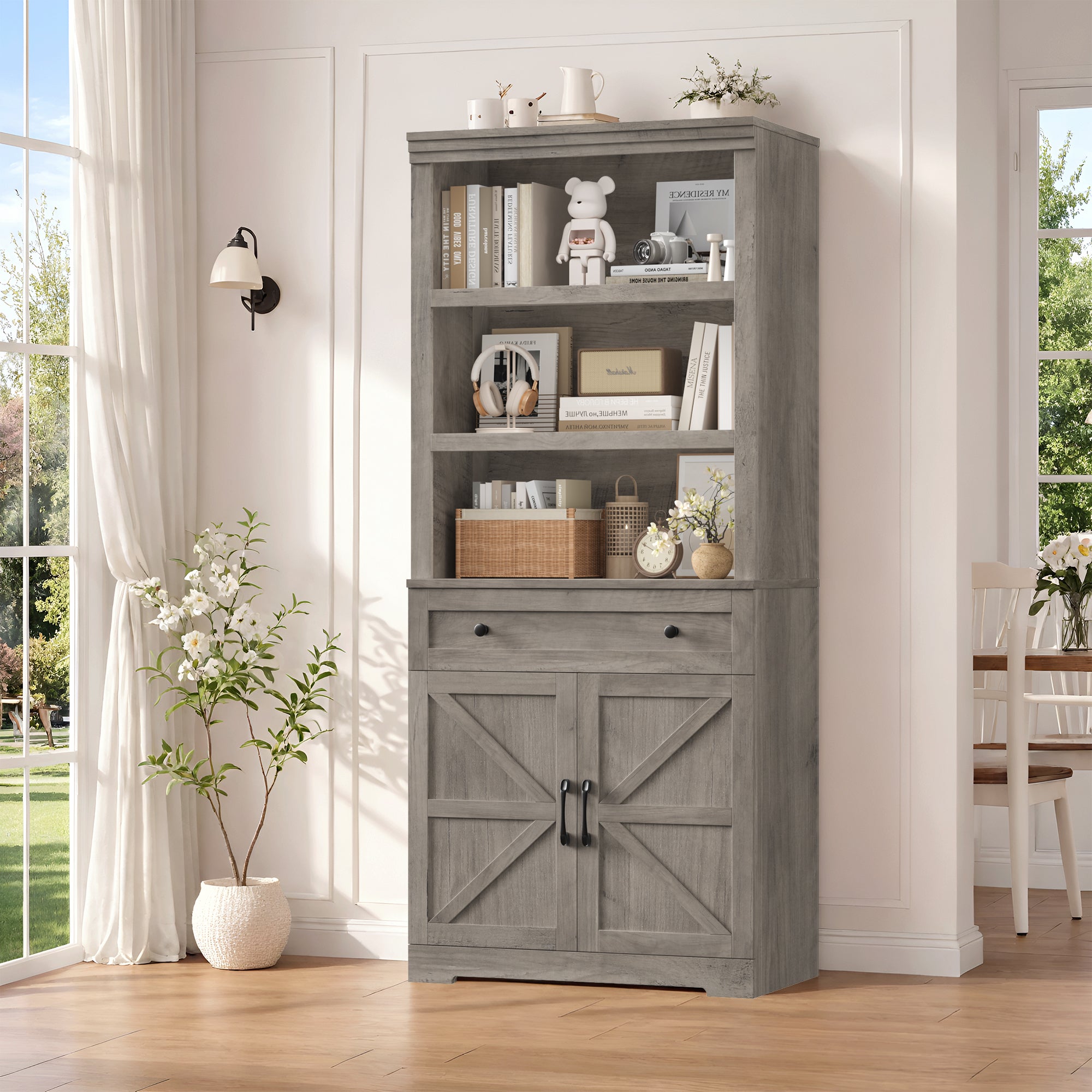 Hiphuta Bookcase with Doors, 71.6"Tall bookshelves with Storage, 5 Shelf Display Storgae Shelves, Bookshelves and Bookcases with 2 Doors for Home Office, Living Room, Bedroom, Ash Gray