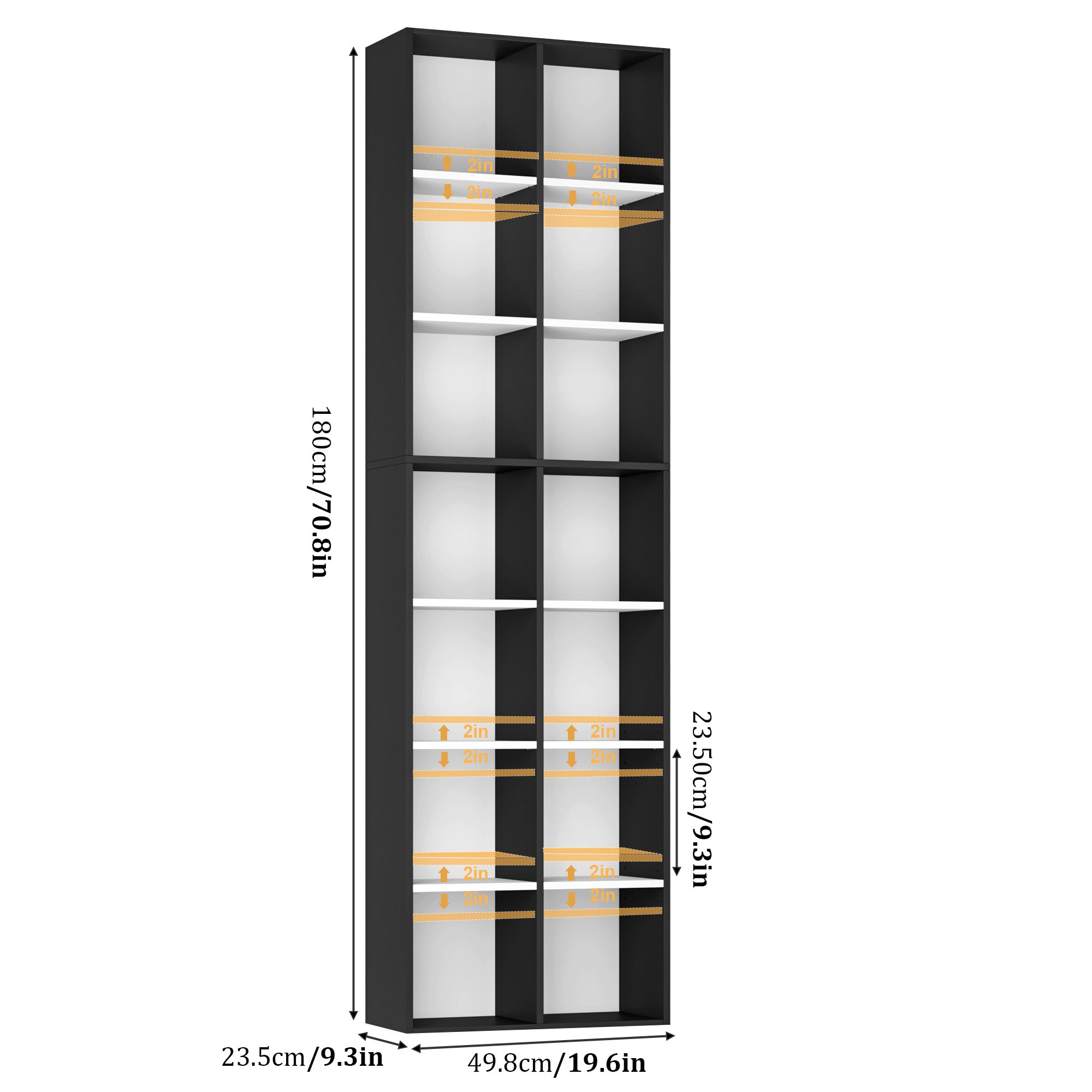 Hiphuta Tall Narrow Bookshelf 14 Tiers, Compact Corner Bookcase, Easy to Match for Living Room, Office, Study, Bedroom, Black & White