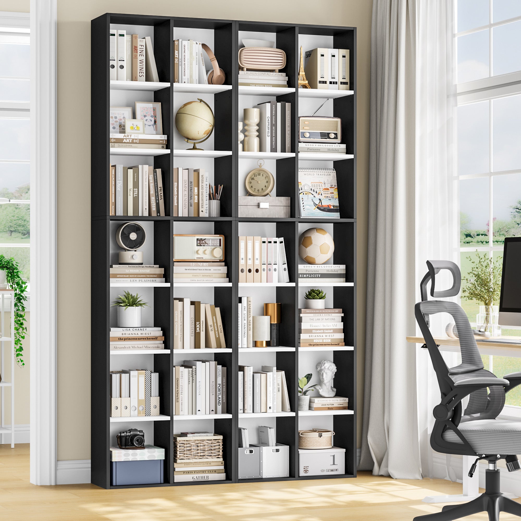 Hiphuta Tall Narrow Bookshelf 14 Tiers, Compact Corner Bookcase, Easy to Match for Living Room, Office, Study, Bedroom, Black & White