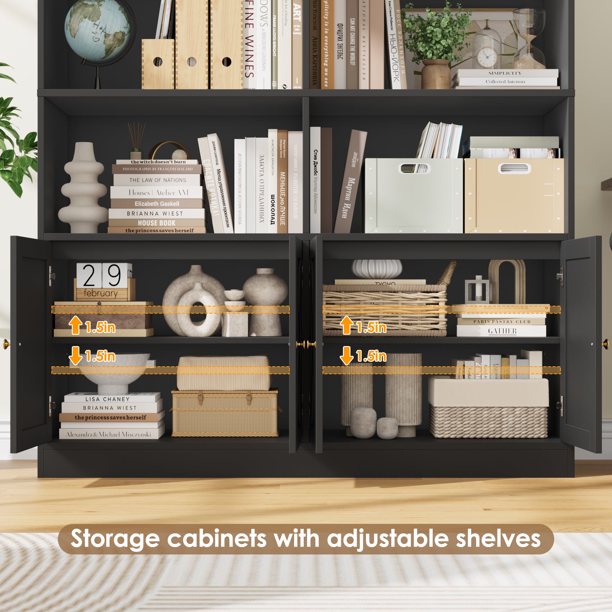 Hiphuta 71"H x 47.2"W Standard Bookcase, Tall Bookcase for Bedroom, Living Room and Office, Freestanding Display Storage Shelves, Black