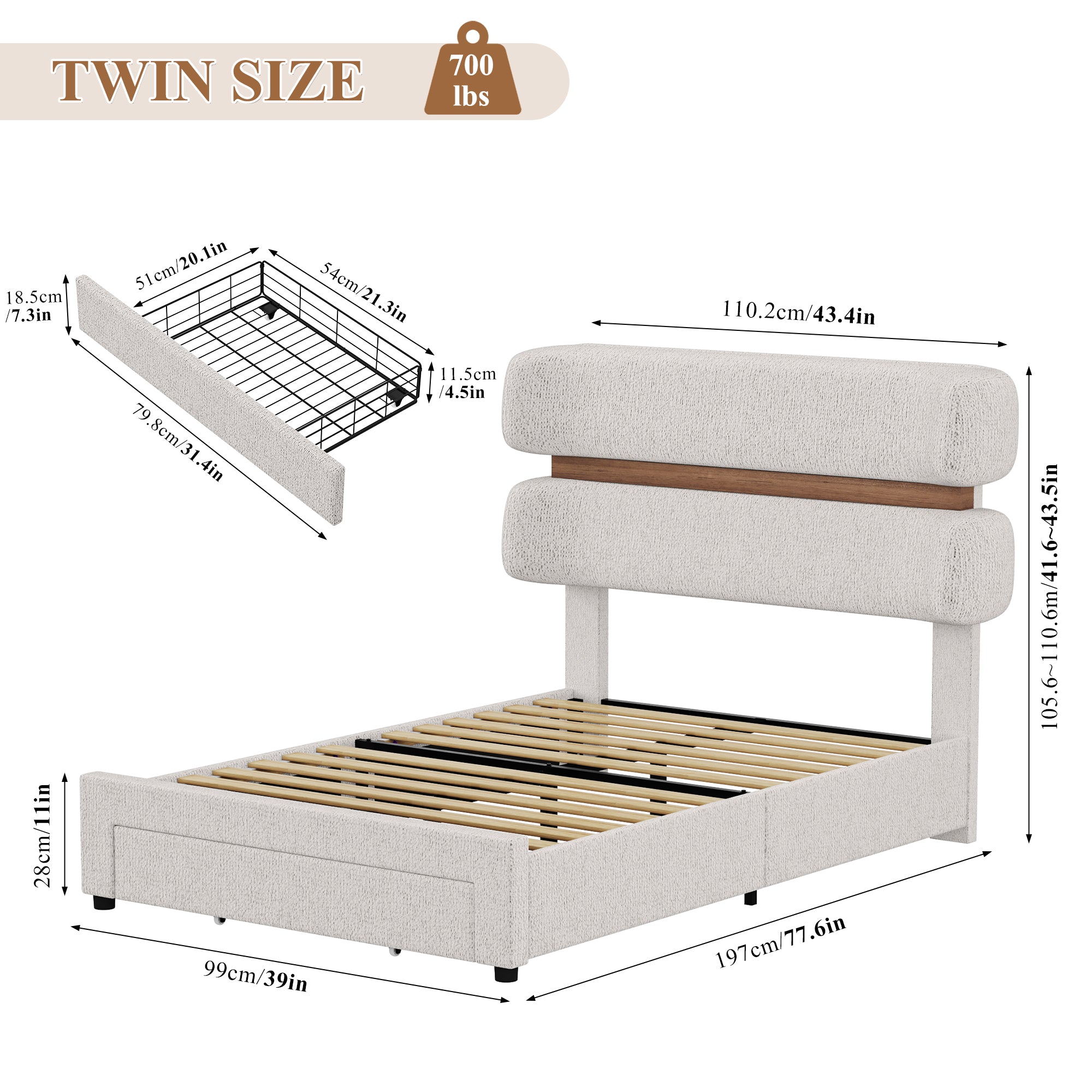 Hiphuta Chenille Twin Bed Frame, Twin Size Upholstered Beds with Storage Drawer and LED, White