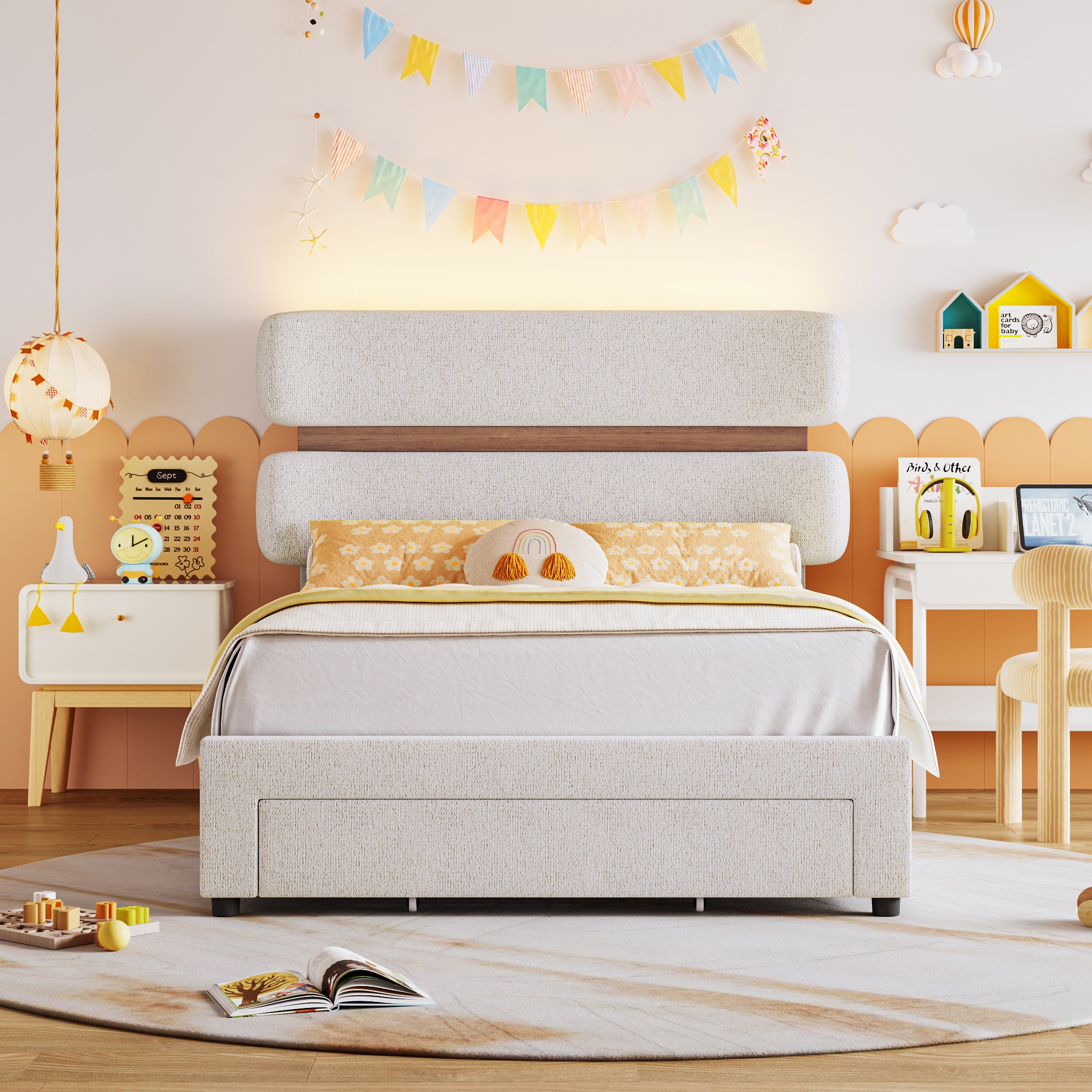Hiphuta Chenille Twin Bed Frame, Twin Size Upholstered Beds with Storage Drawer and LED, White