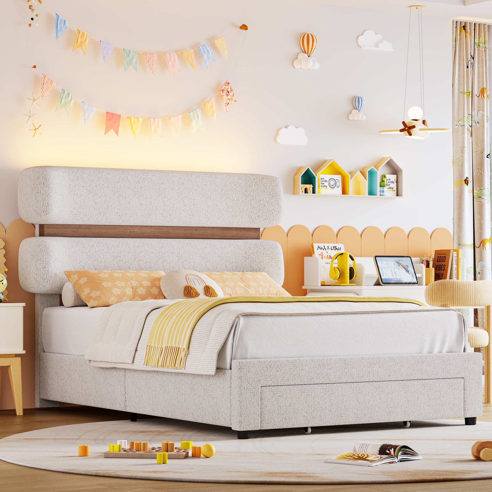 Hiphuta Chenille Twin Bed Frame, Twin Size Upholstered Beds with Storage Drawer and LED, White