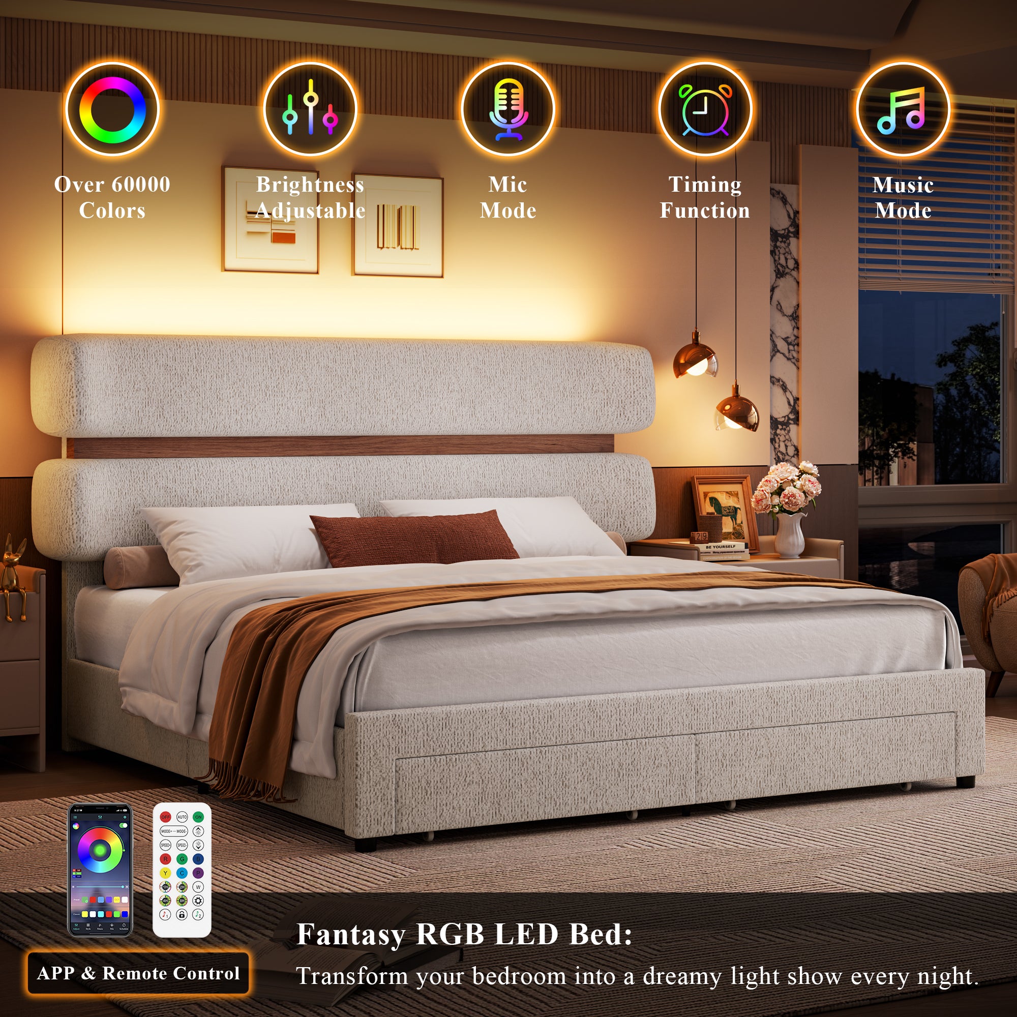 Hiphuta Chenille Full Bed Frame, Full Size Upholstered Beds with Storage Drawer and LED, White