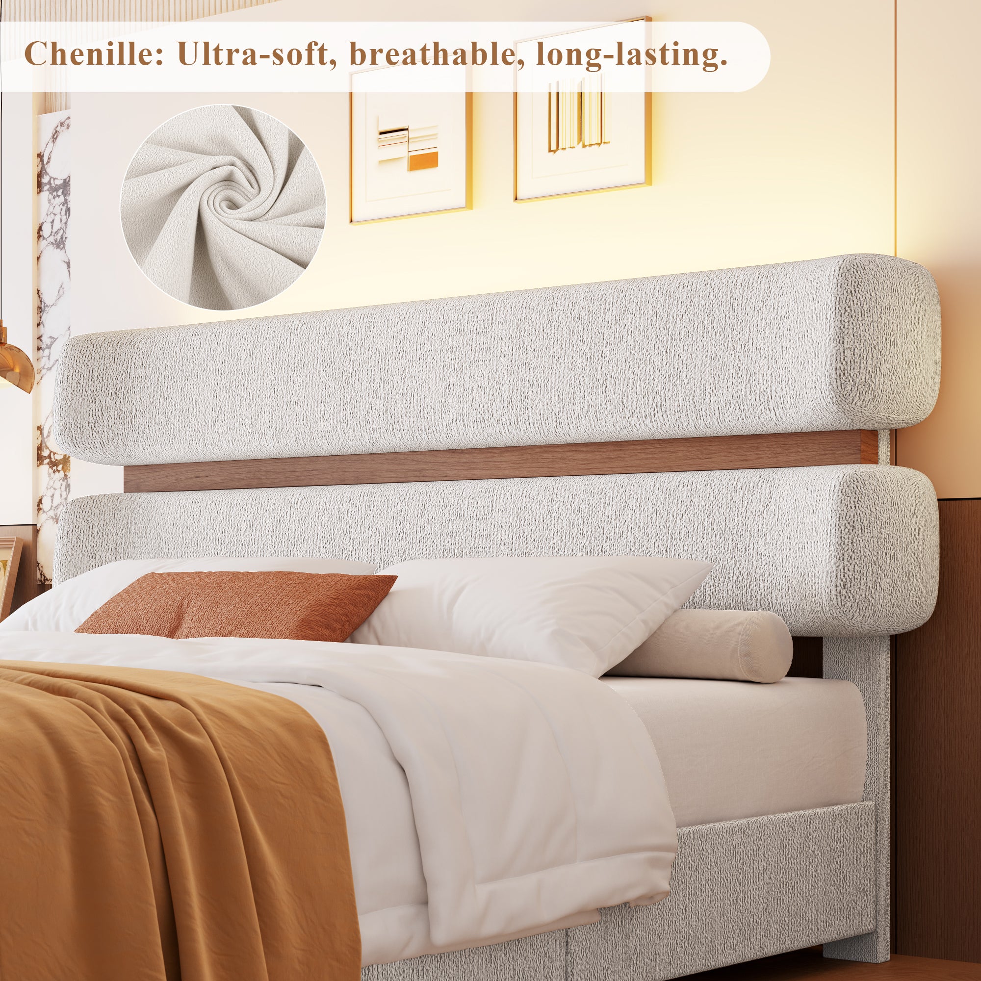 Hiphuta Chenille Full Bed Frame, Full Size Upholstered Beds with Storage Drawer and LED, White