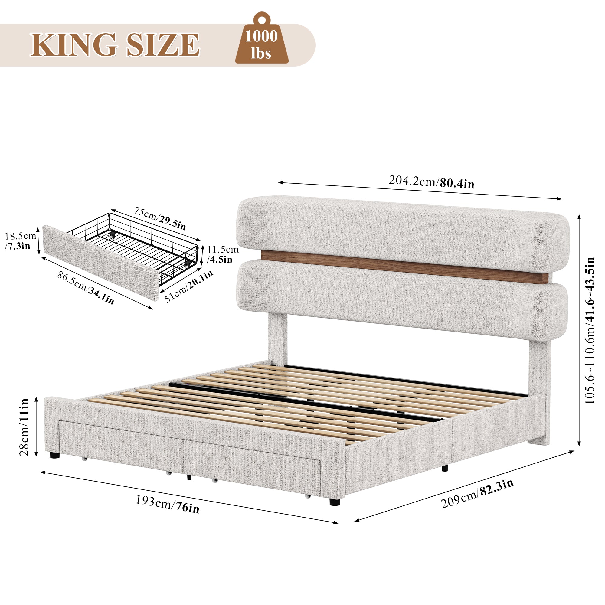 Hiphuta Chenille King Bed Frame, King Size Upholstered Beds with Storage Drawer and LED, White