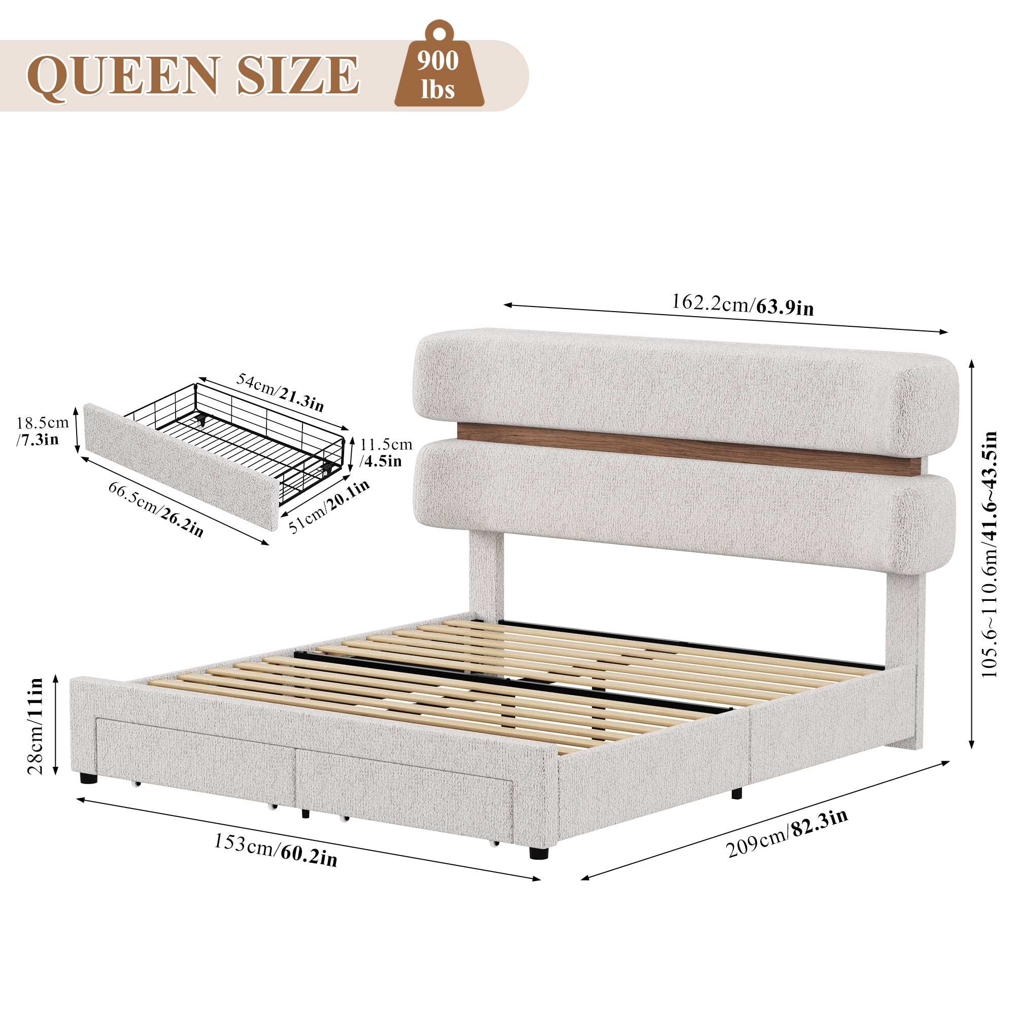 Hiphuta Chenille Queen Bed Frame, Queen Size Upholstered Beds with Storage Drawer and LED, White