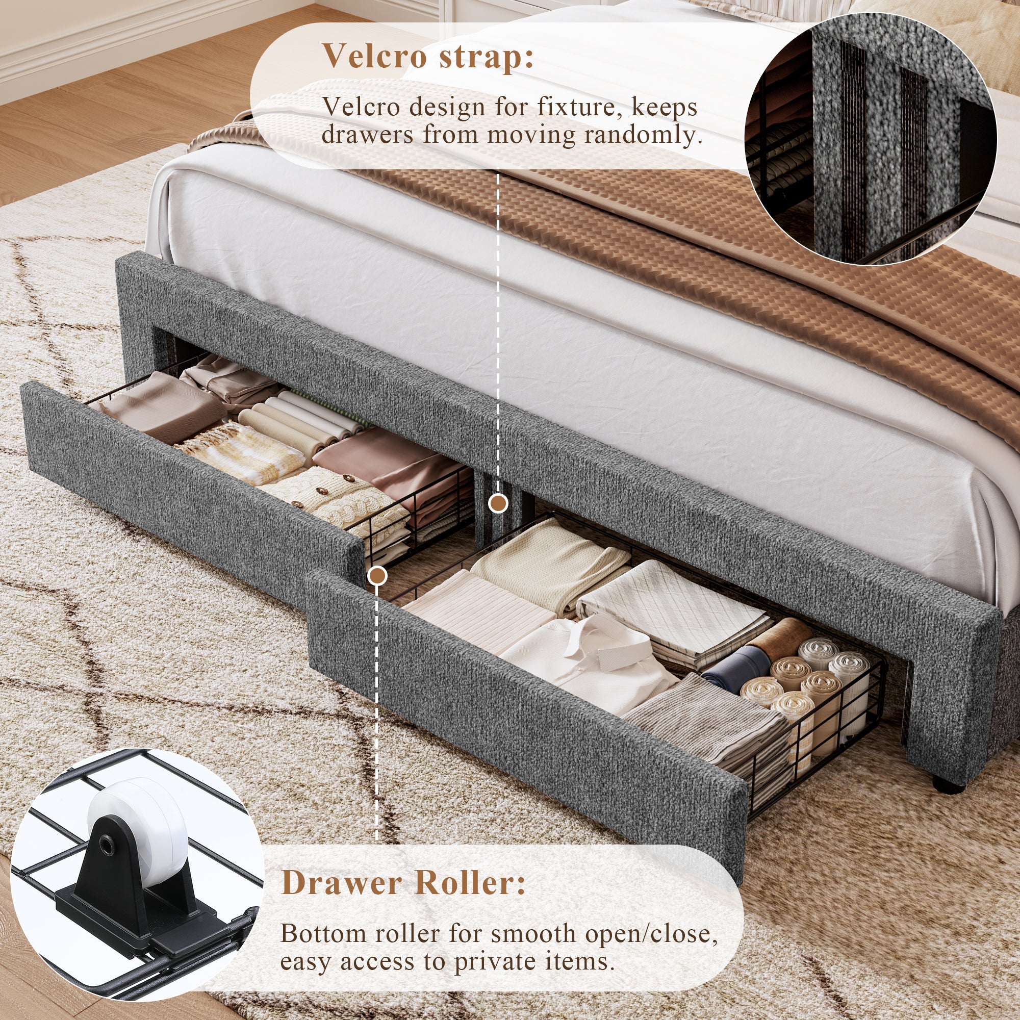 Hiphuta Chenille King Bed Frame, King Size Upholstered Beds with Storage Drawer and LED, Gray