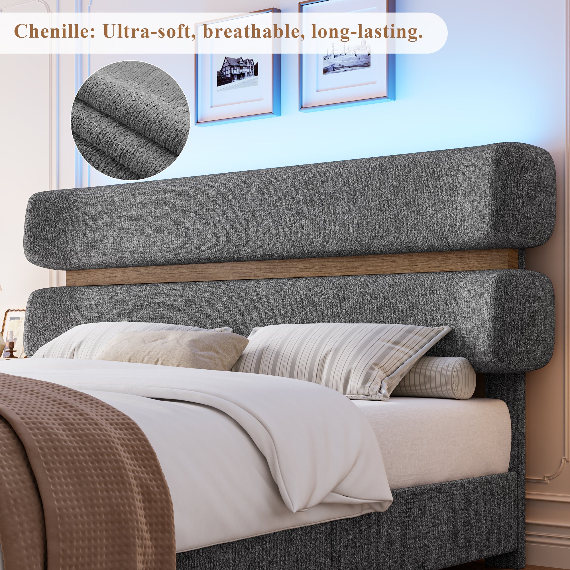 Hiphuta Chenille Full Bed Frame, Full Size Upholstered Beds with Storage Drawer and LED, Gray