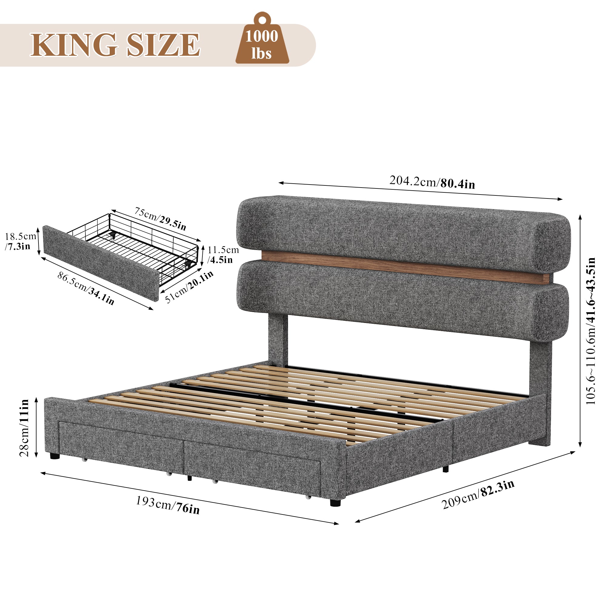 Hiphuta Chenille King Bed Frame, King Size Upholstered Beds with Storage Drawer and LED, Gray