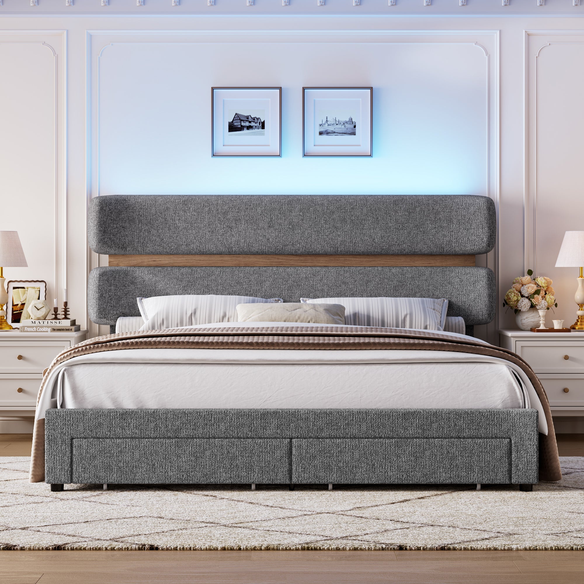 Hiphuta Chenille Full Bed Frame, Full Size Upholstered Beds with Storage Drawer and LED, Gray