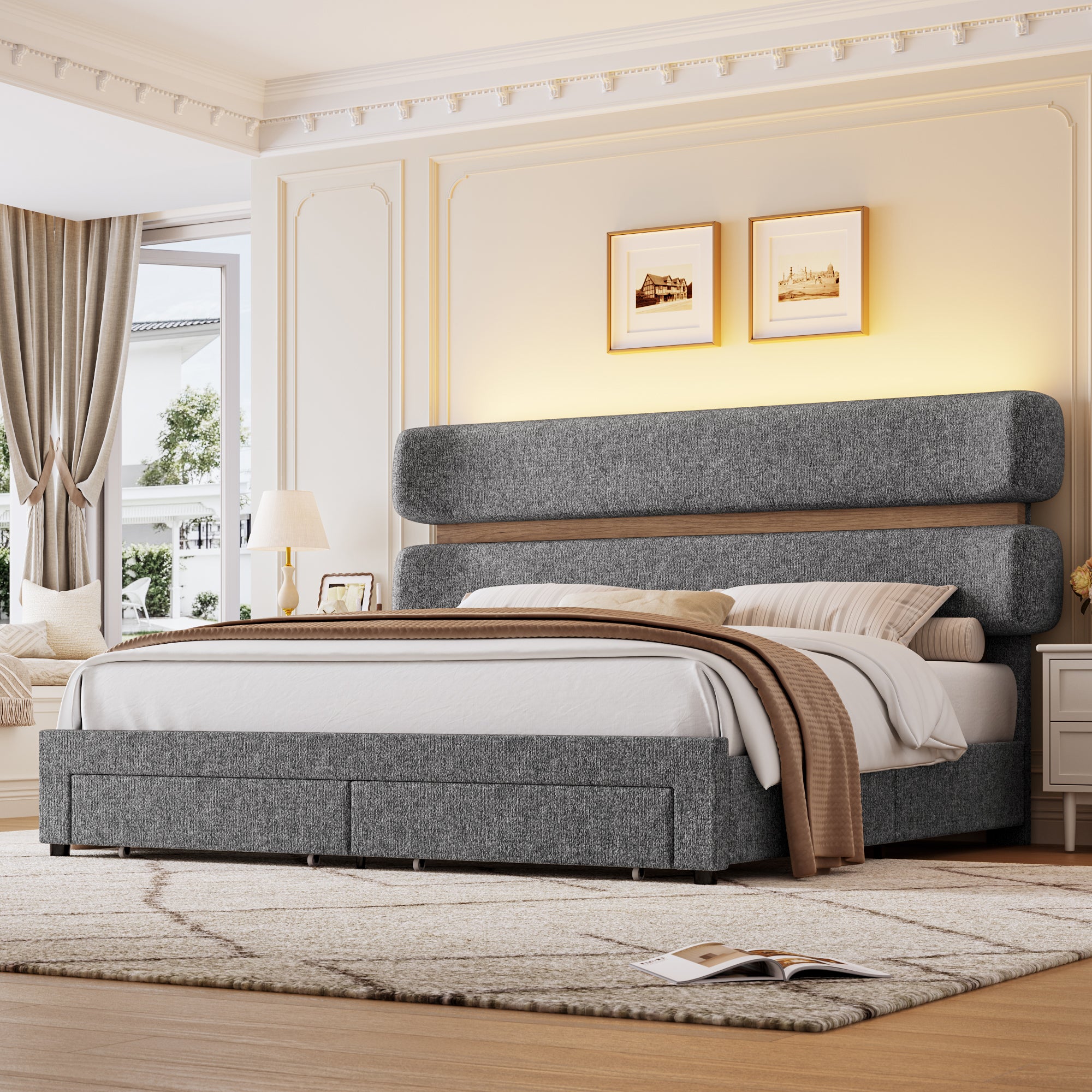 Hiphuta Chenille Queen Bed Frame, Queen Size Upholstered Beds with Storage Drawer and LED, Gray
