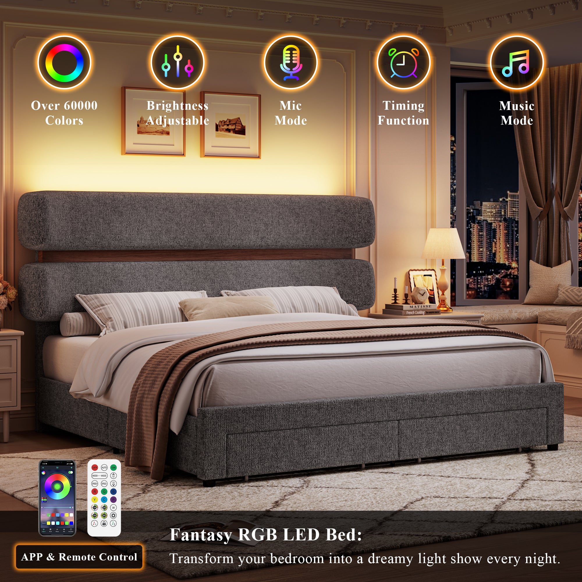 Hiphuta Chenille Full Bed Frame, Full Size Upholstered Beds with Storage Drawer and LED, Gray