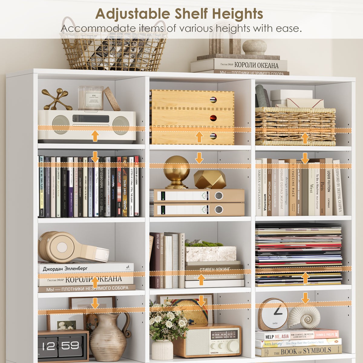Hiphuta 27-Cube 9-Tier Bookcase, 75" Tall Triple-Wide CD Media Storage Organizer with 15 Adjustable Shelves, Large Cube Storage Organizer, White