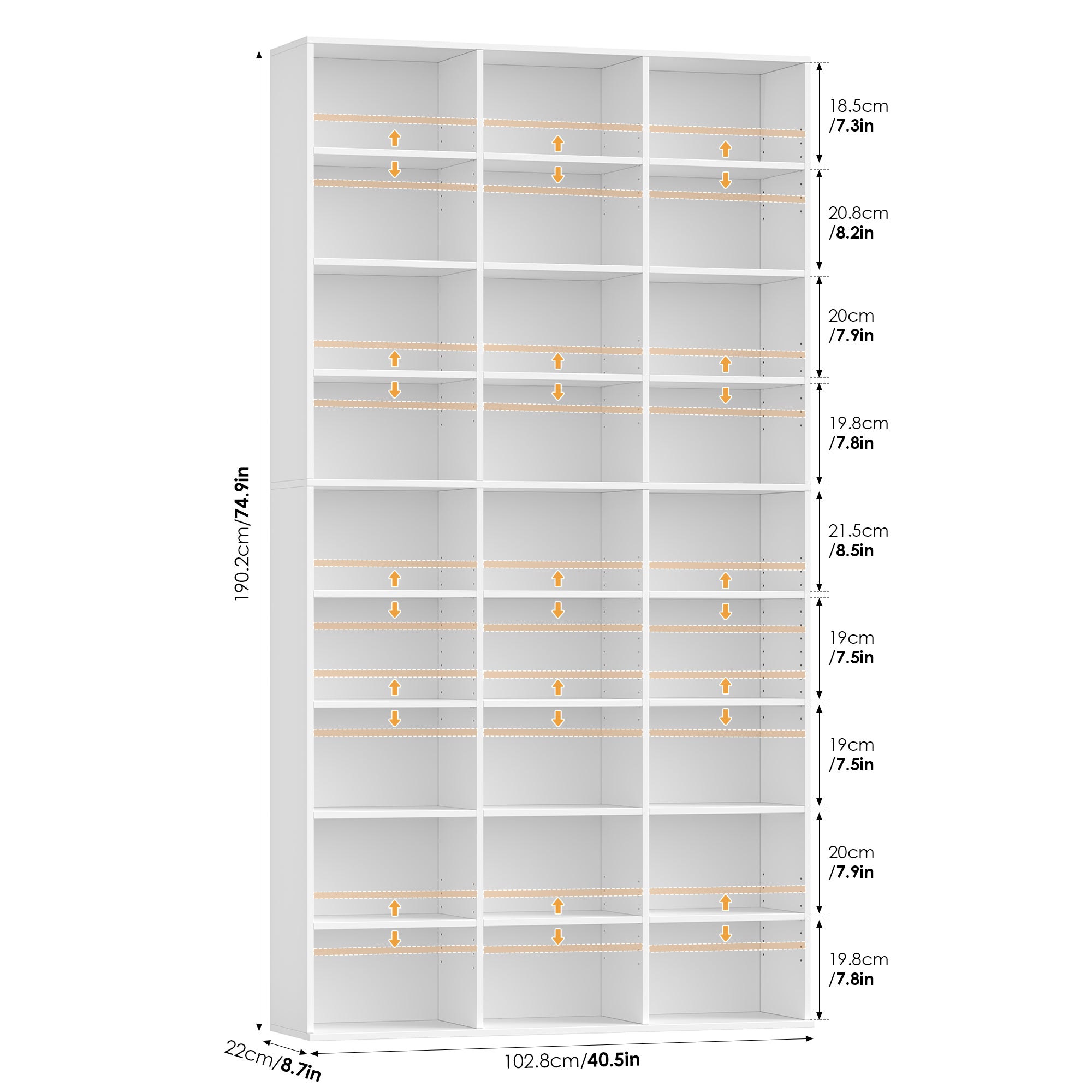 Hiphuta 27-Cube 9-Tier Bookcase, 75" Tall Triple-Wide CD Media Storage Organizer with 15 Adjustable Shelves, Freestanding Display Shelf, White