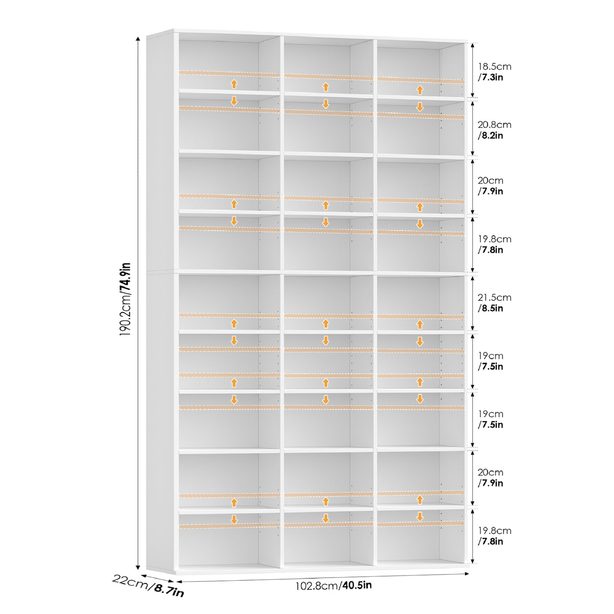 Hiphuta 27-Cube 9-Tier Bookcase, 75" Tall Triple-Wide CD Media Storage Organizer with 15 Adjustable Shelves, Large Cube Storage Organizer, White