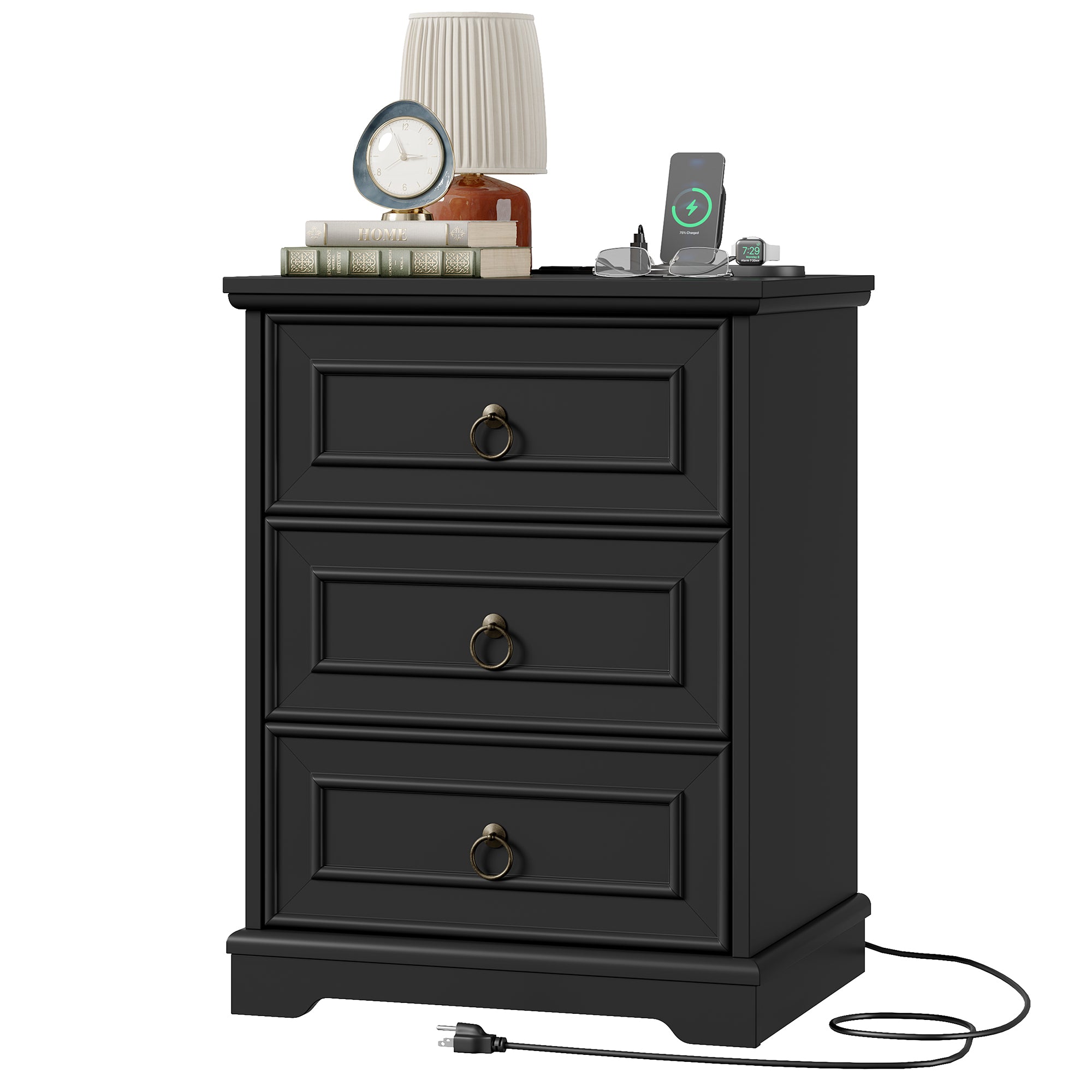 Hiphuta Vintage Nightstand with 3 Large Drawers, Farmhouse Bedroom Bedside Tables with Charging Station, Sofa Tables End Tables for Bedroom and Living Room, Black