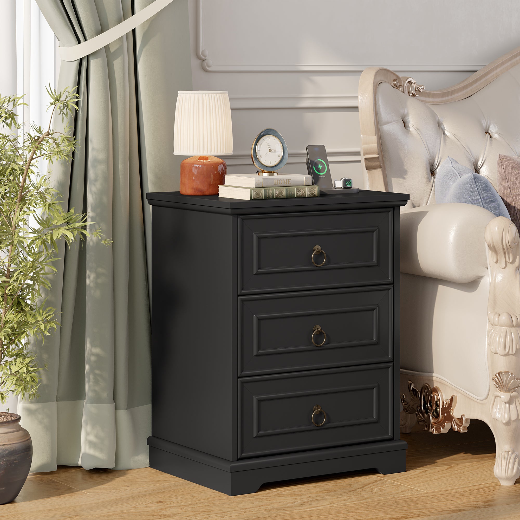 Hiphuta Vintage Nightstand with 3 Large Drawers, Farmhouse Bedroom Bedside Tables with Charging Station, Sofa Tables End Tables for Bedroom and Living Room, Black