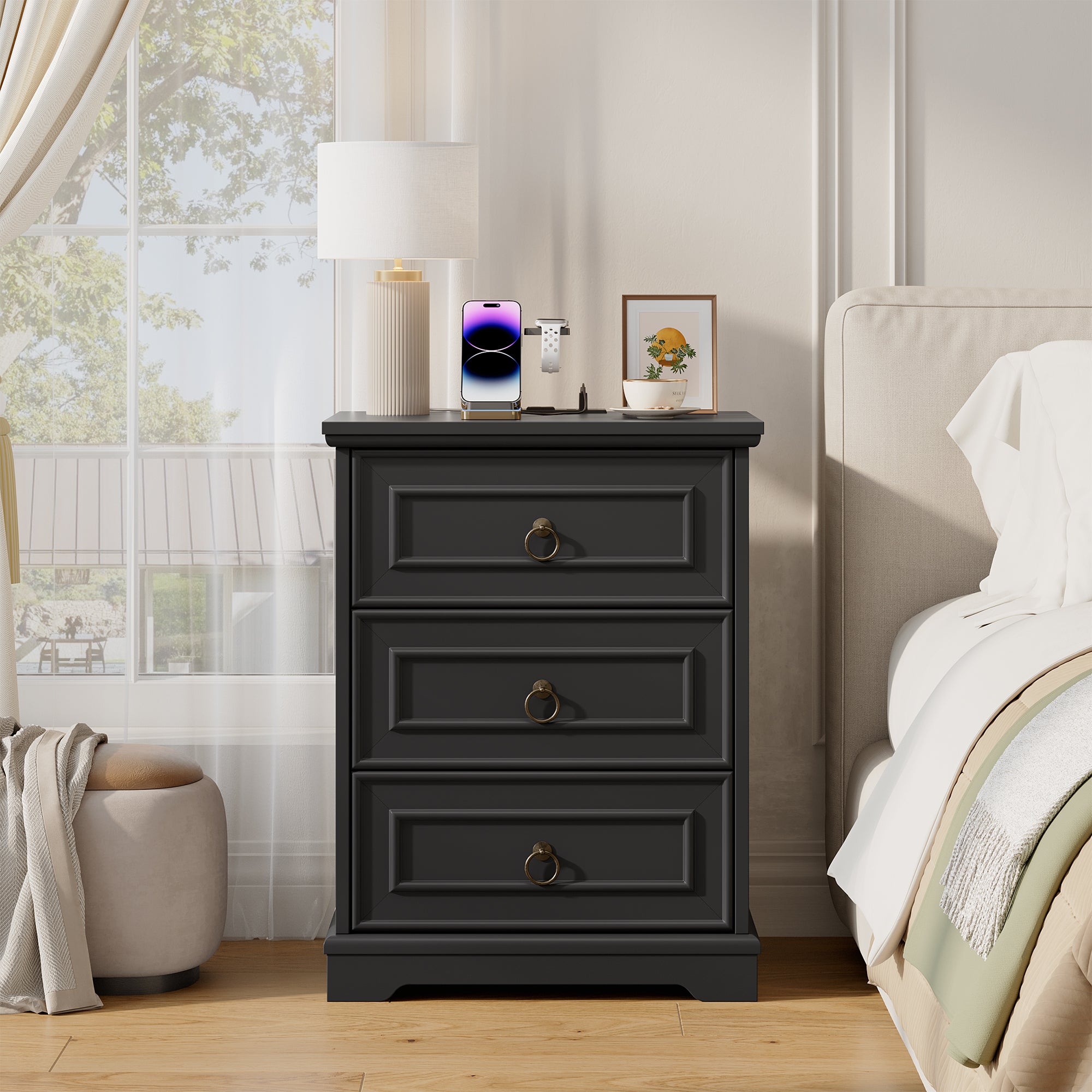 Hiphuta Vintage Nightstand with 3 Large Drawers, Farmhouse Bedroom Bedside Tables with Charging Station, Sofa Tables End Tables for Bedroom and Living Room, Black