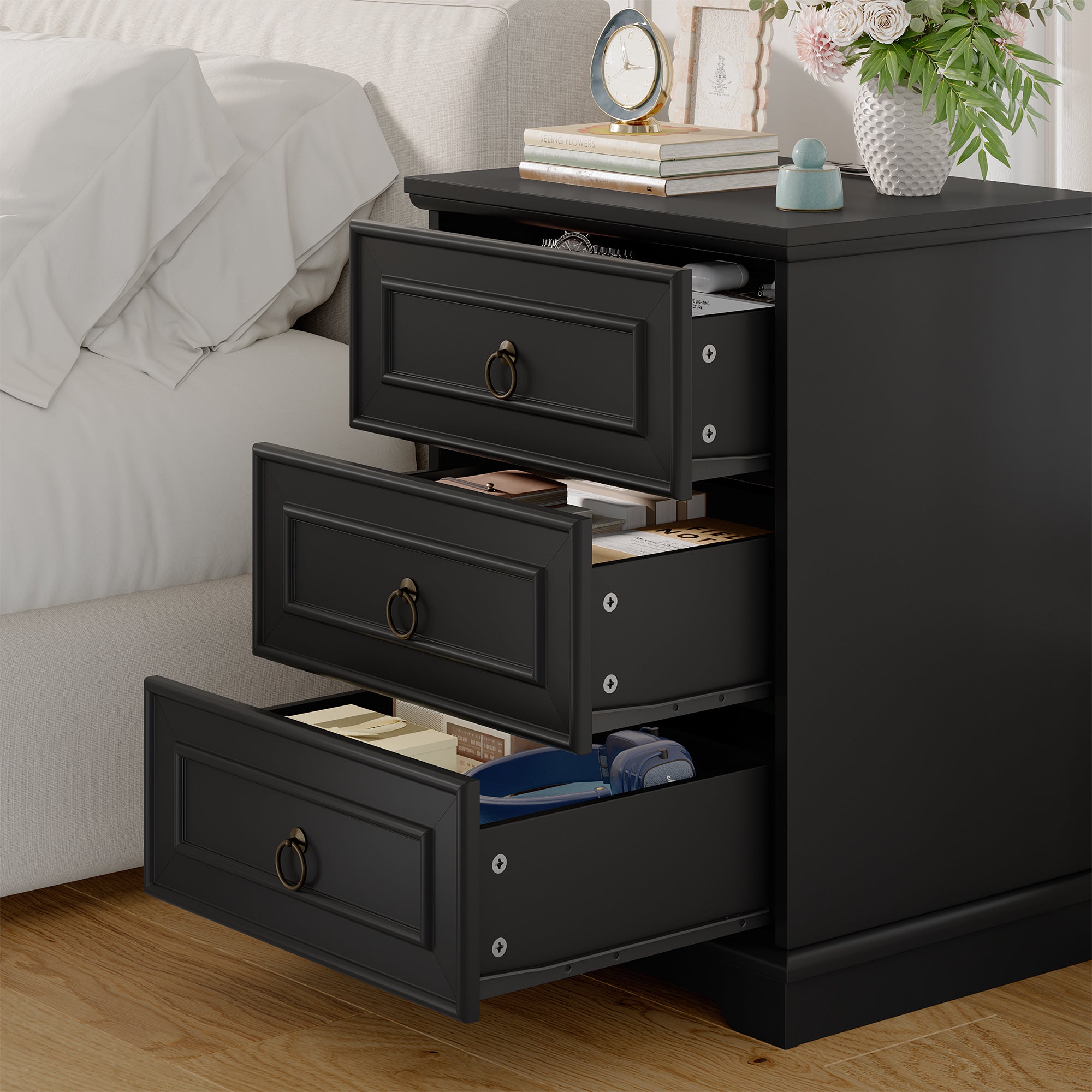 Hiphuta Vintage Nightstand with 3 Large Drawers, Farmhouse Bedroom Bedside Tables with Charging Station, Sofa Tables End Tables for Bedroom and Living Room, Black