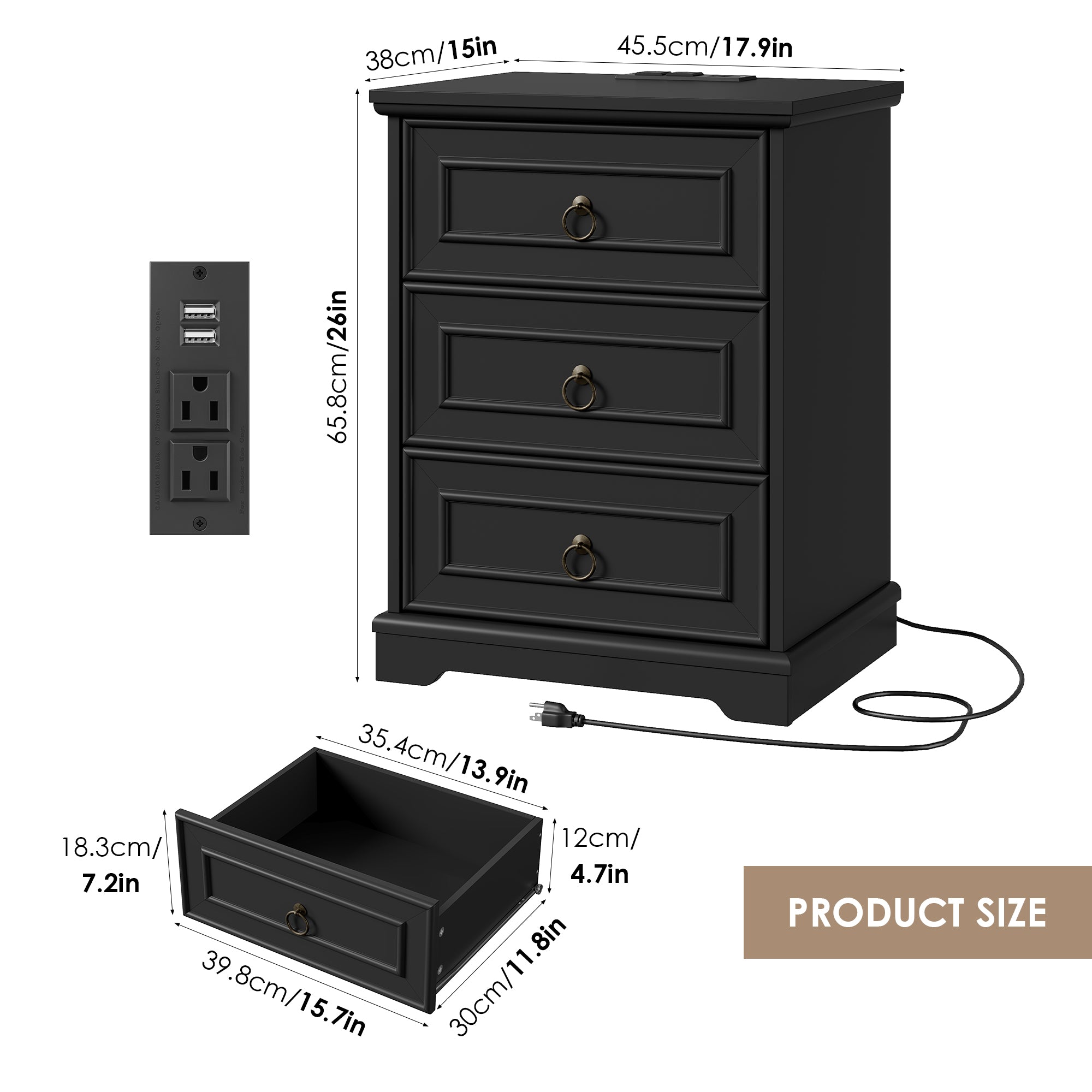 Hiphuta Vintage Nightstand with 3 Large Drawers, Farmhouse Bedroom Bedside Tables with Charging Station, Sofa Tables End Tables for Bedroom and Living Room, Black